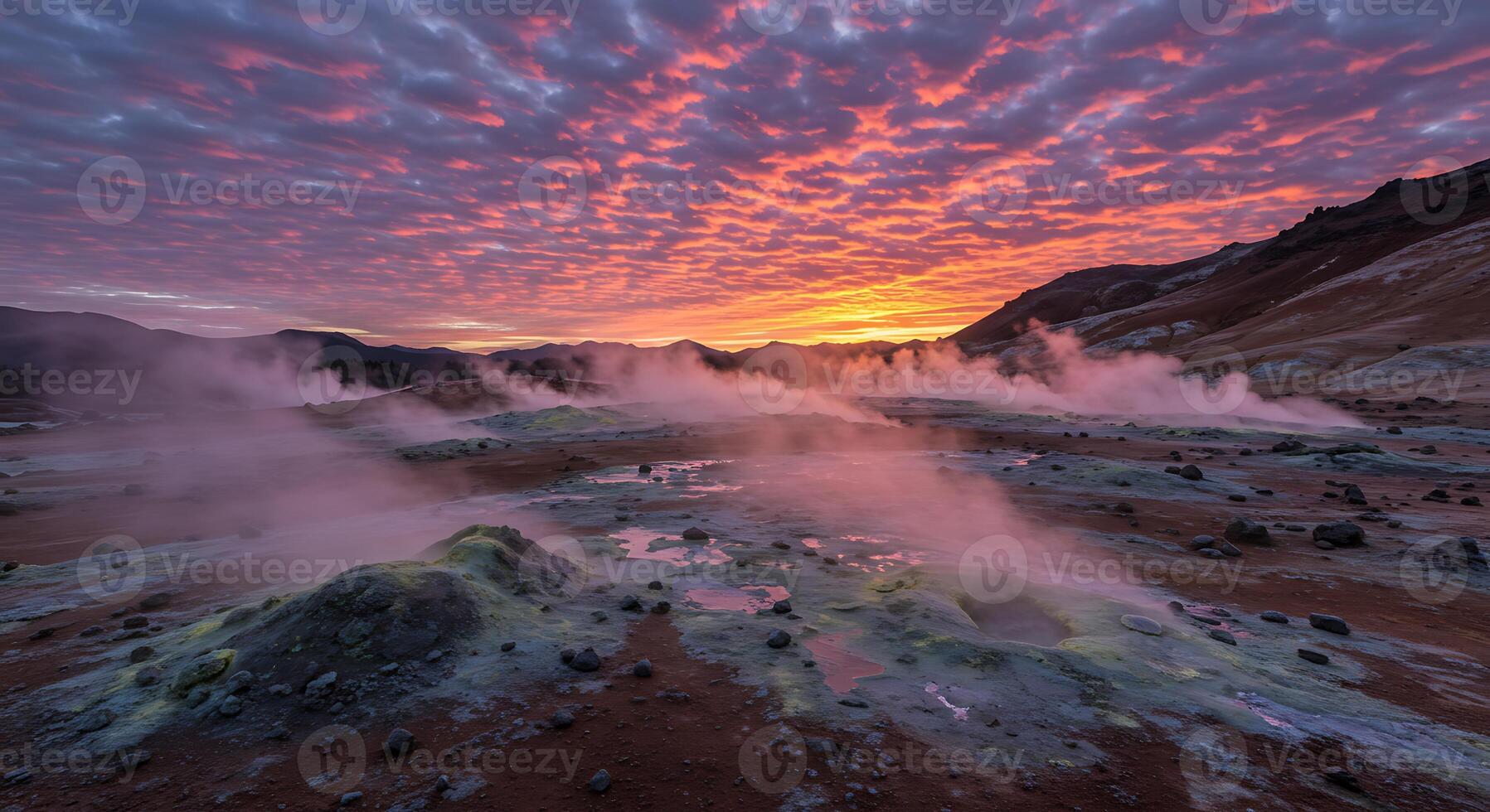 Icelandic Geothermal Area Landscape at Sunset with Dramatic Sky photo