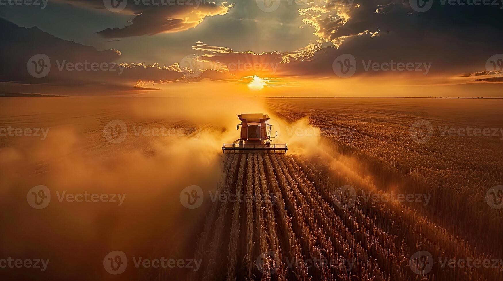 A tractor is driving through a field at sunset photo