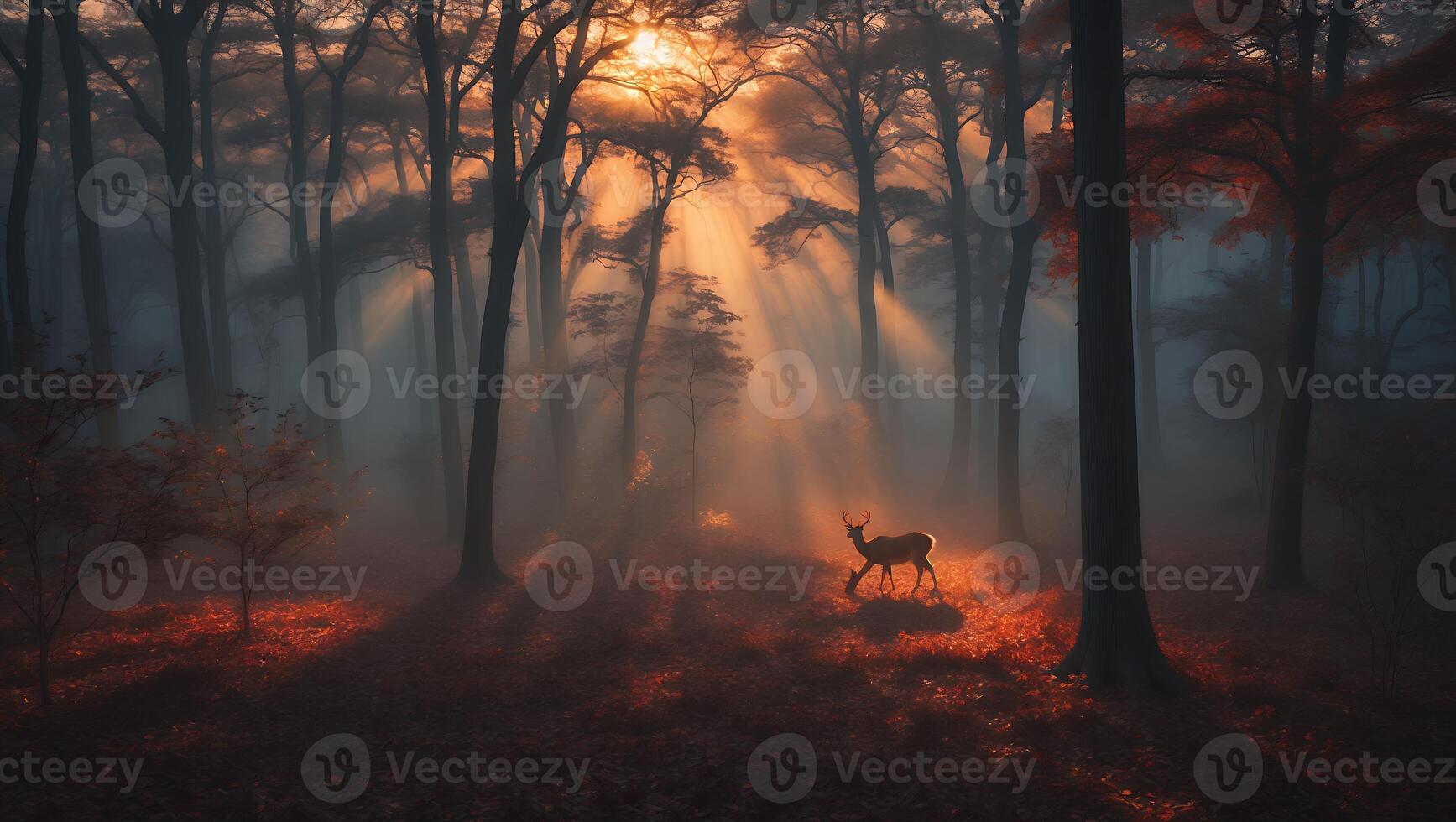 Deer in Forest with Sunlight Beams Shining Through the Trees photo
