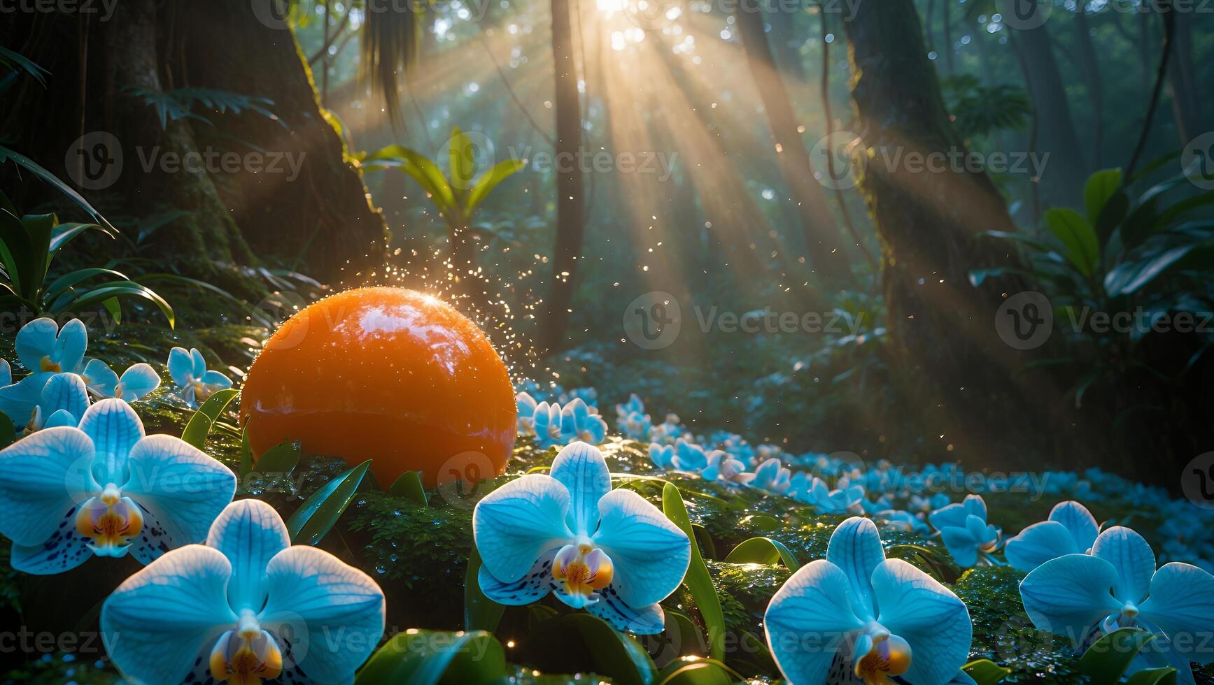 Orange Sphere and Blue Orchids in a Forest with Sun Rays photo