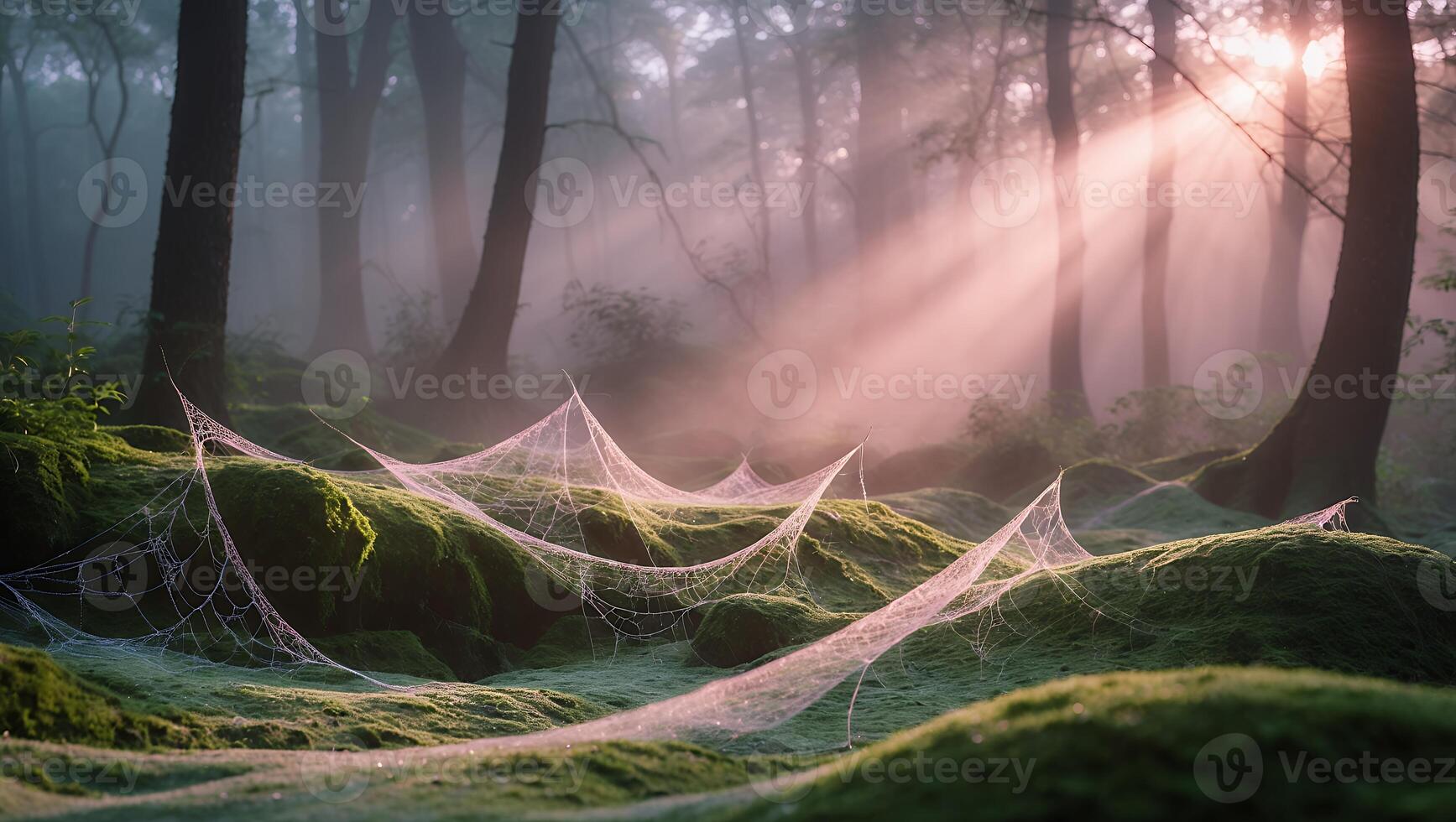 Spiderweb in a Foggy Forest Landscape in a Mystical Light photo