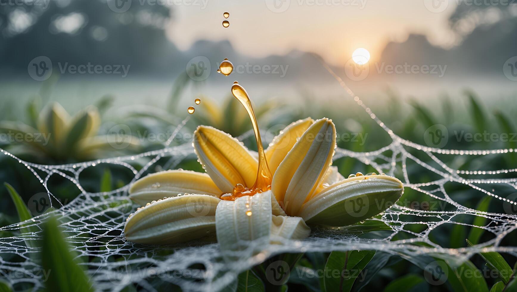 Flower with Honey Being Poured on Cobweb in Early Morning Light photo