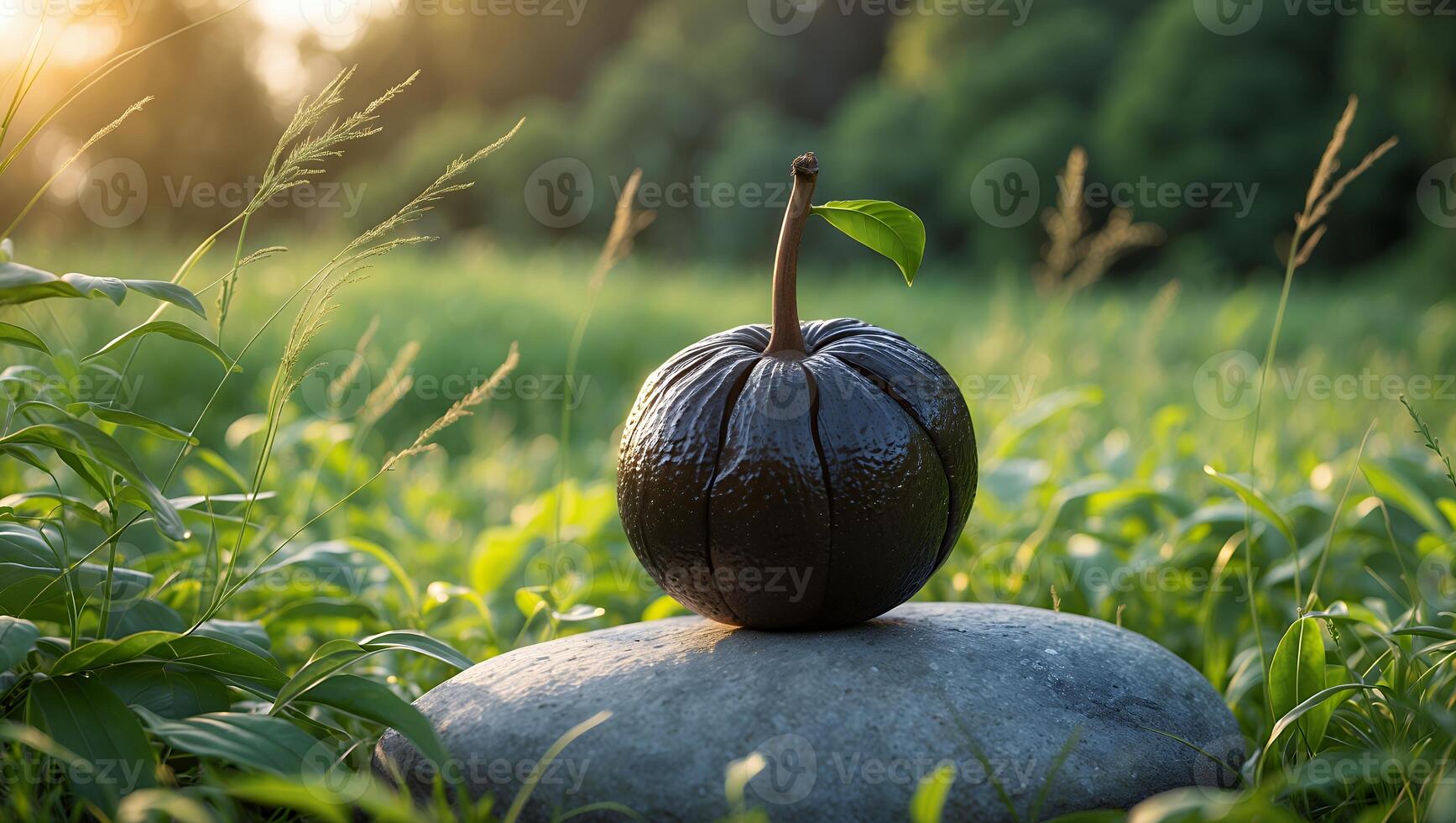 Dark Pumpkin Resting on Stone with Leafy Stem in Field photo