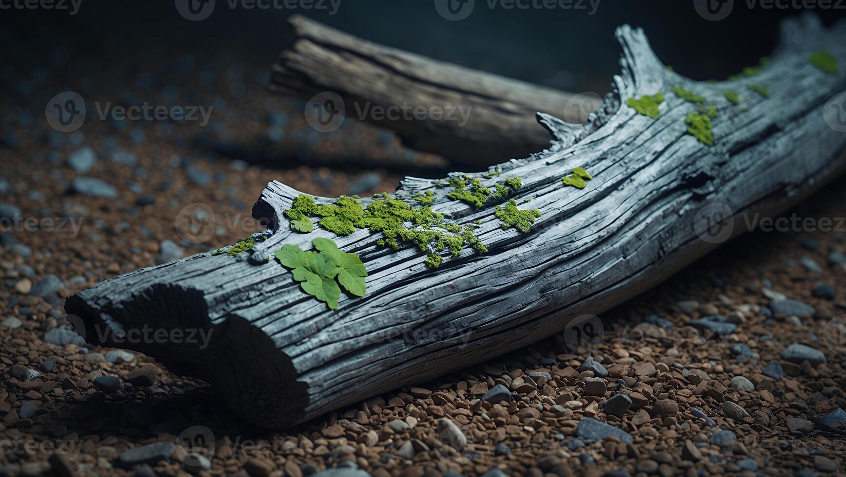 Decaying Log Covered in Moss Resting on Rocky Ground Surface photo
