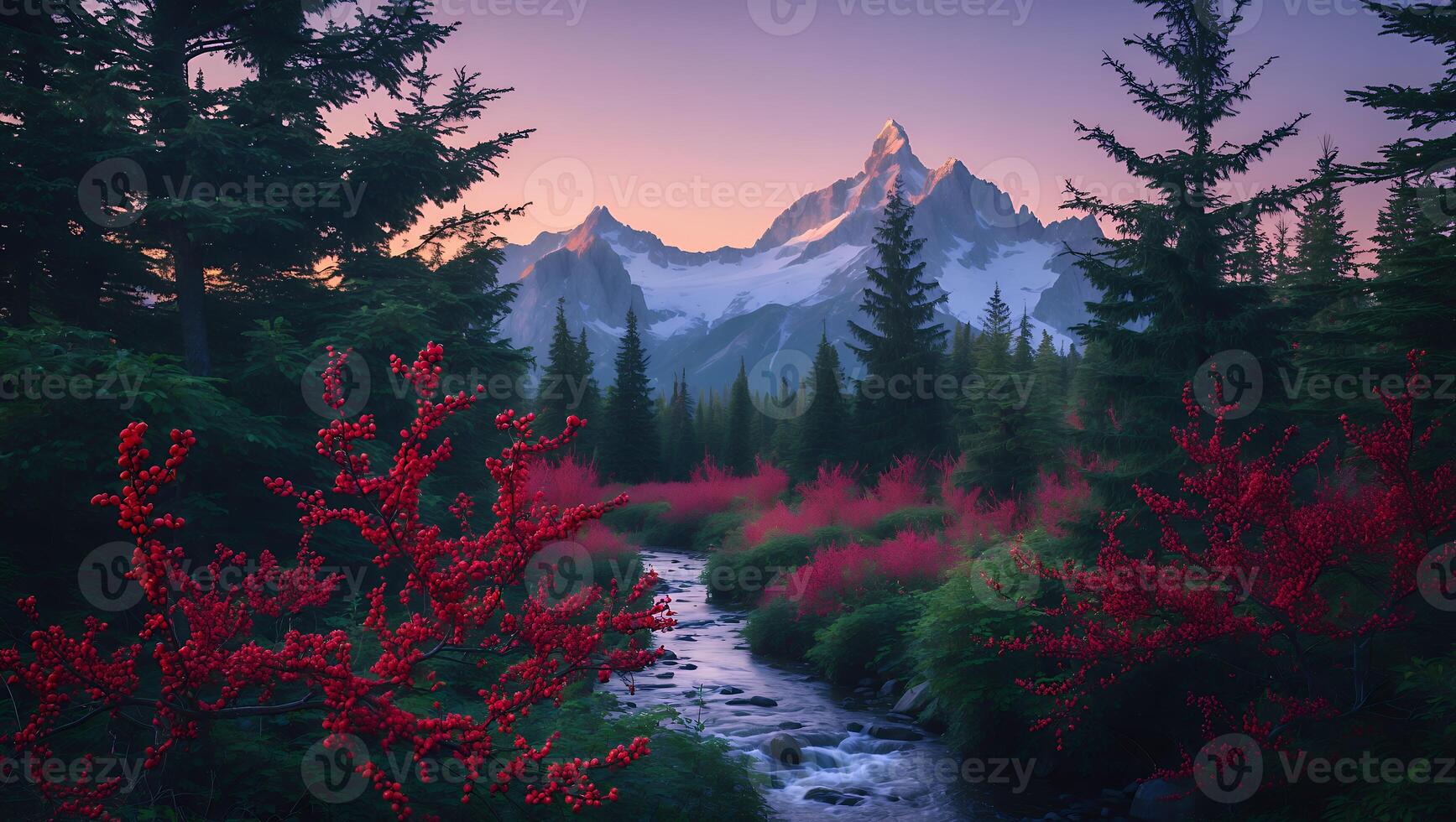 Mountain Stream Flowing Through Forest with Berries at Sunset photo