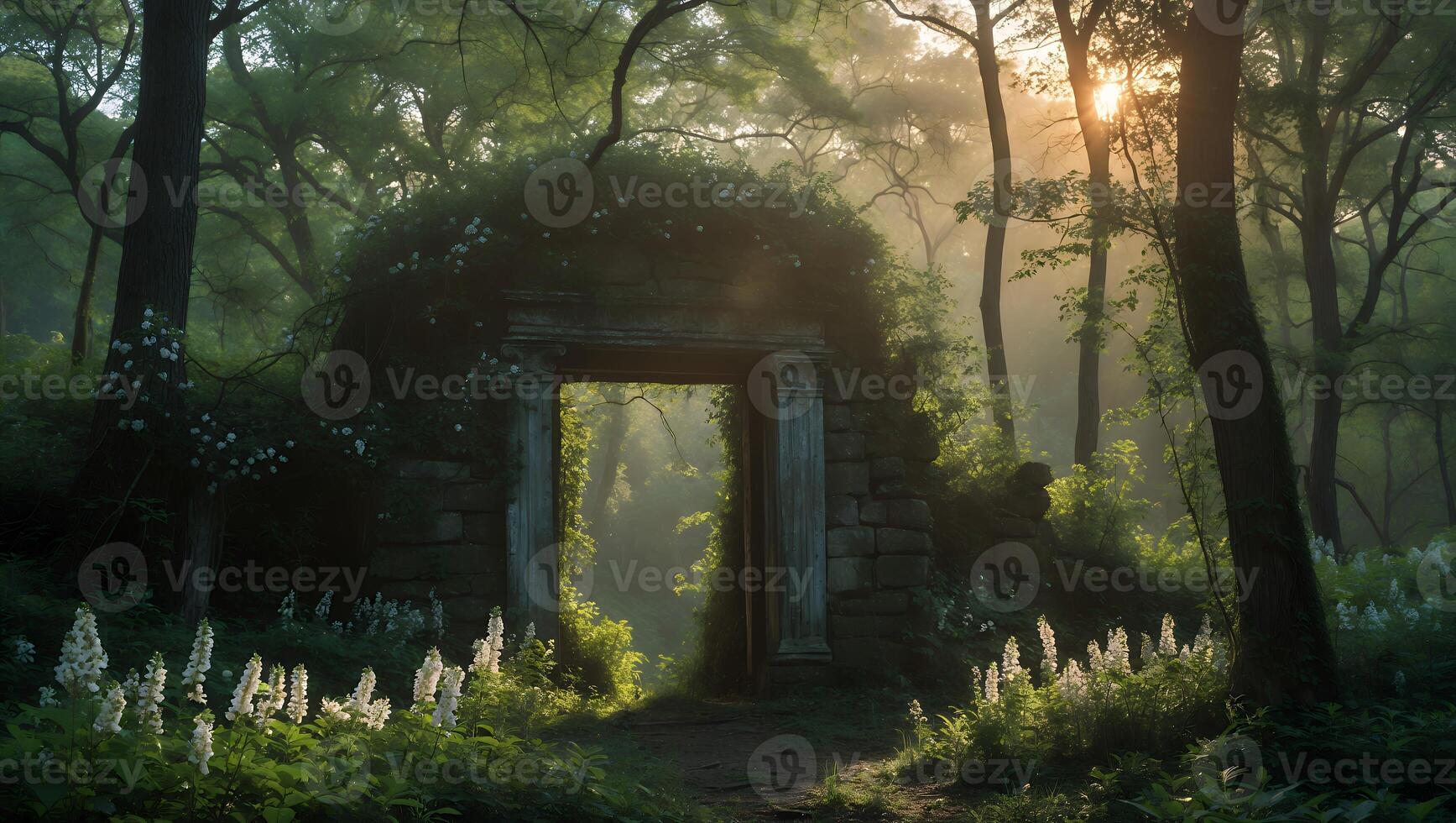 Exploring Stone Archway in Forest with Sunlight and Flowers photo