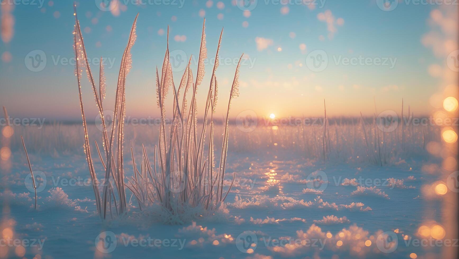 Frozen Grass Landscape at Sunrise with Snow Covered Field photo