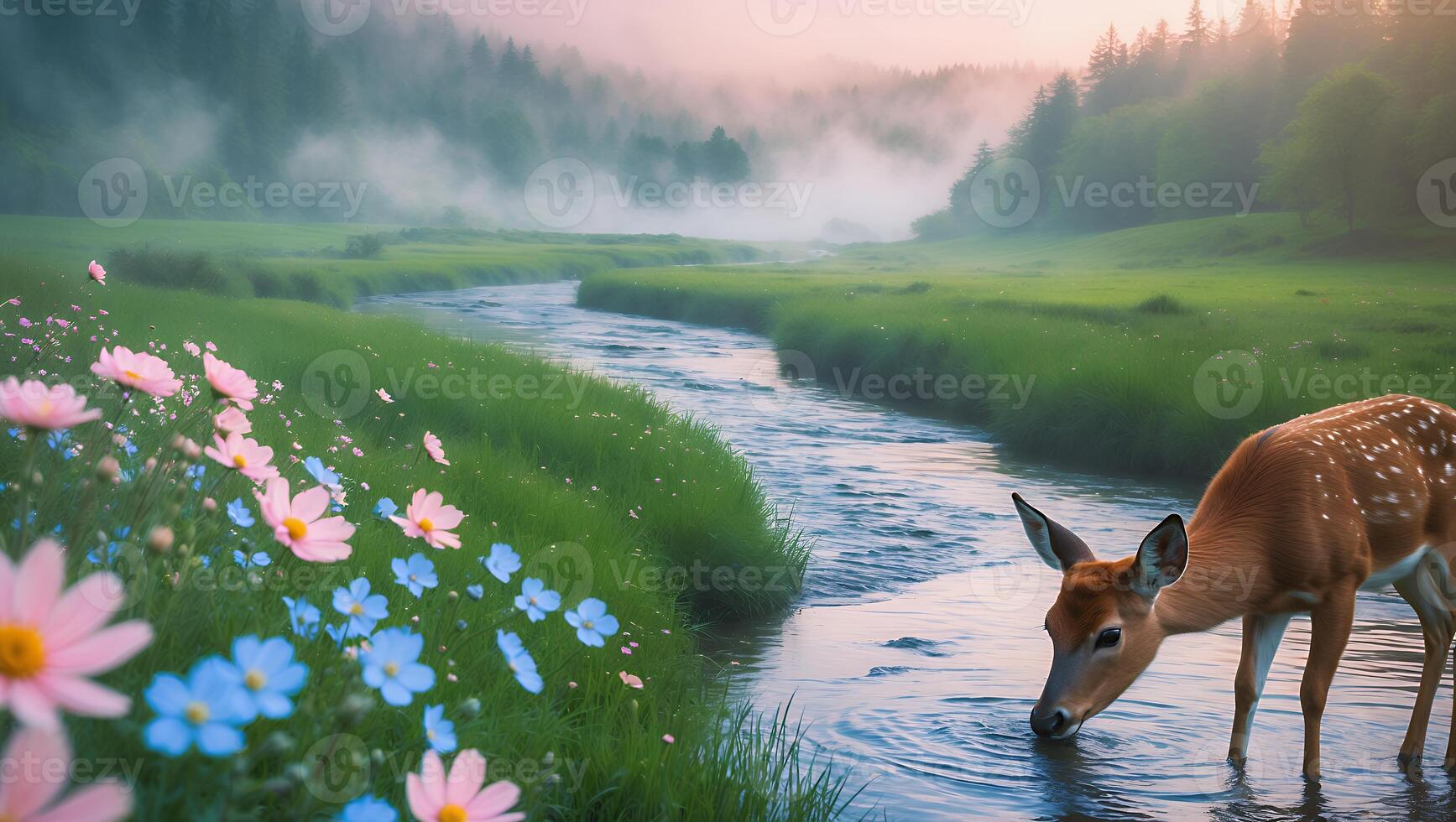 Deer Drinking in a River with Flowers and Misty Forest photo