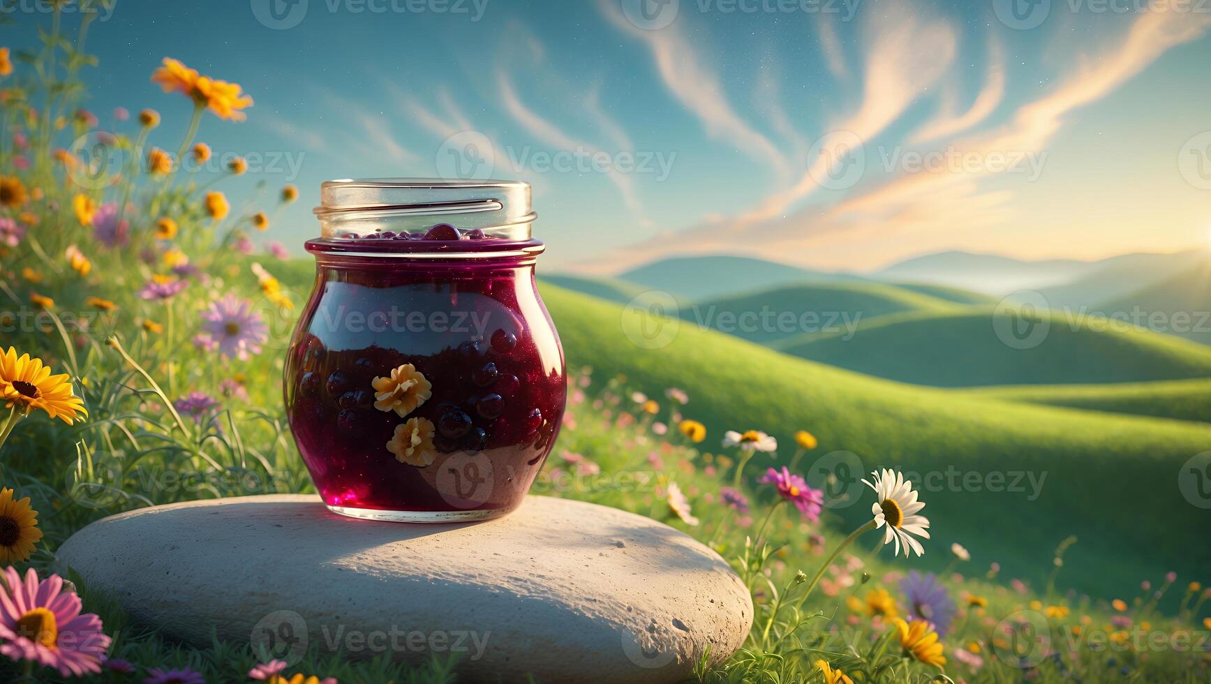 Jar of Jam on a Rock in a Field of Flowers photo