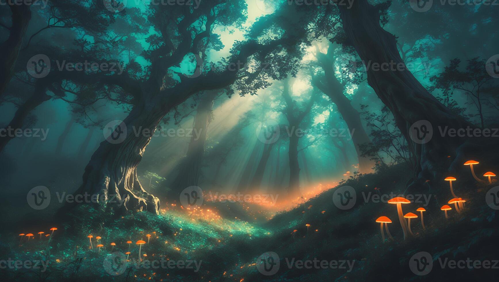 Mystical Forest with Glowing Mushrooms and Sun Rays photo