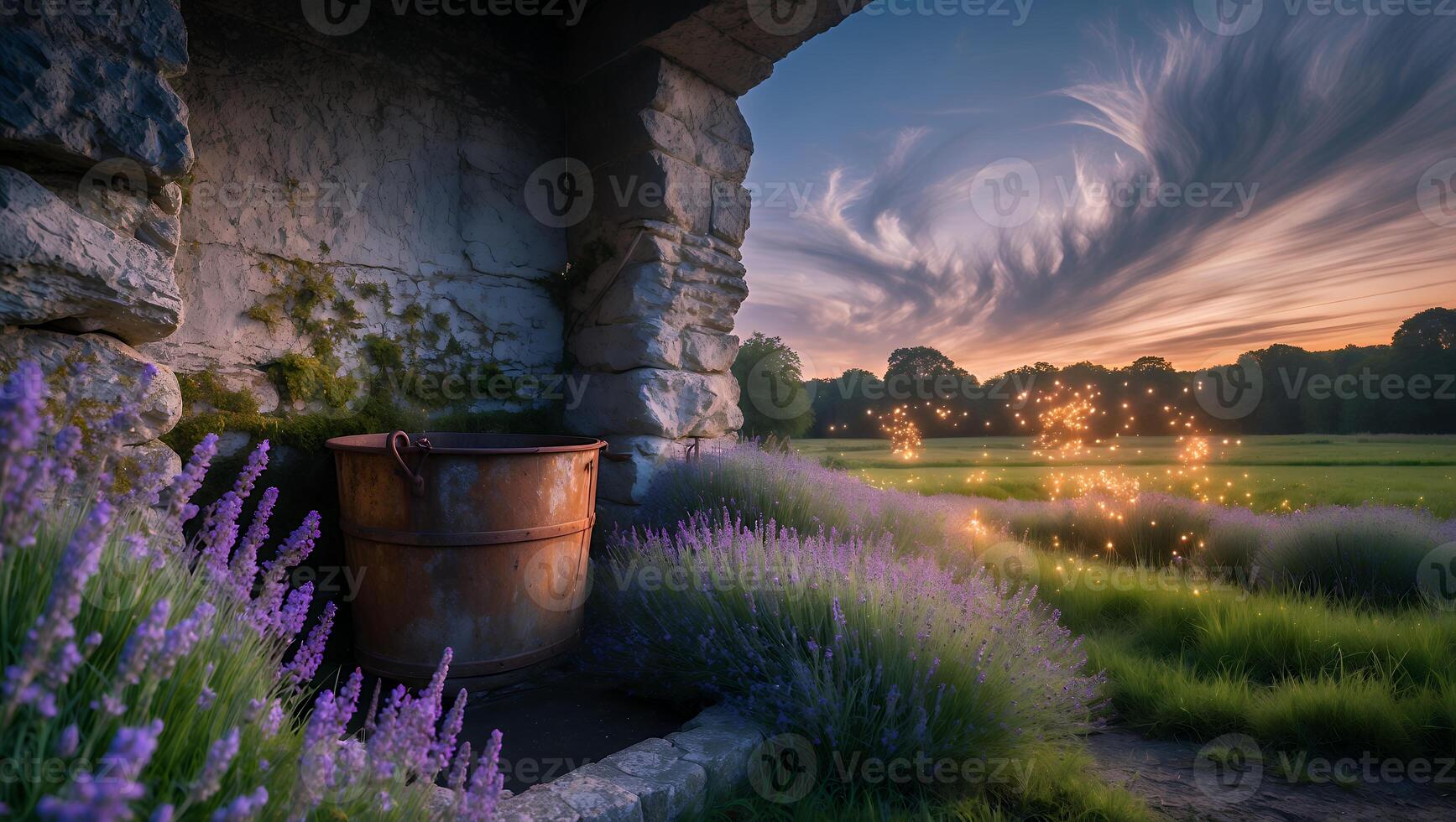 Lavender Field with Stone Structure and Dramatic Sky at Sunset photo