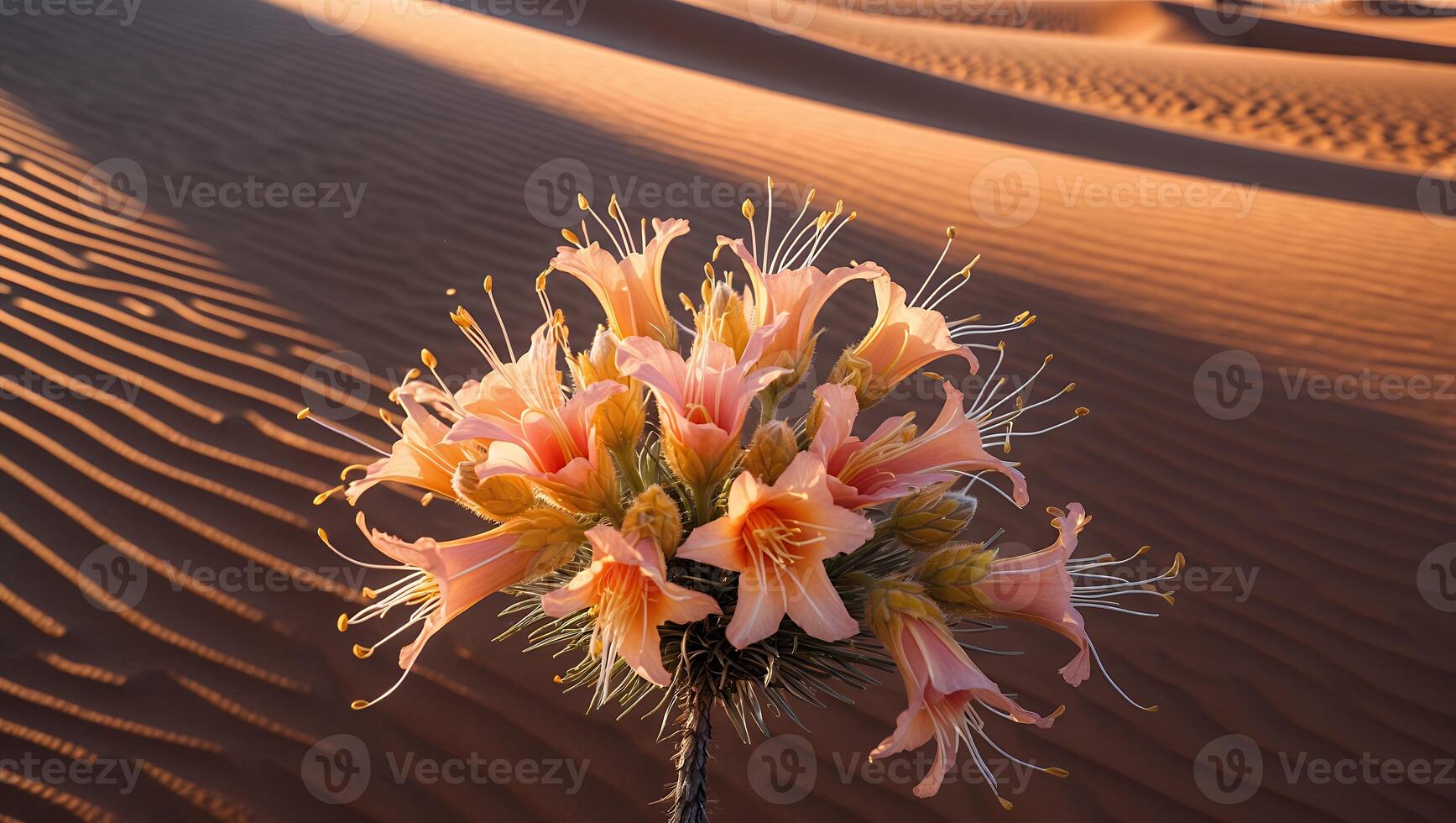 Flowers Blooming in Desert Landscape with Warm Light and Sand Texture photo