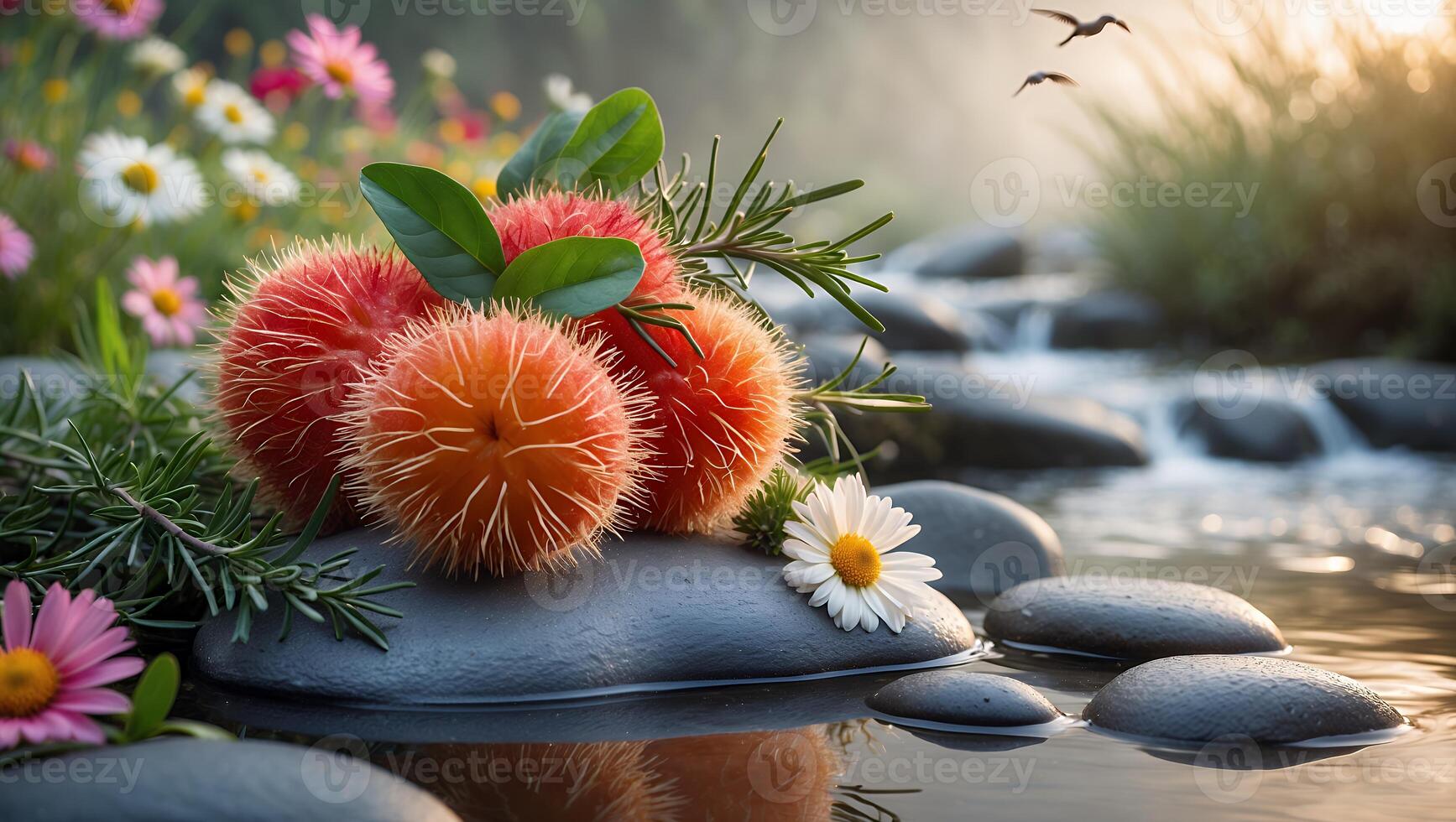 Arrangement of Rambutan with Flowers on Stones by Flowing Water photo