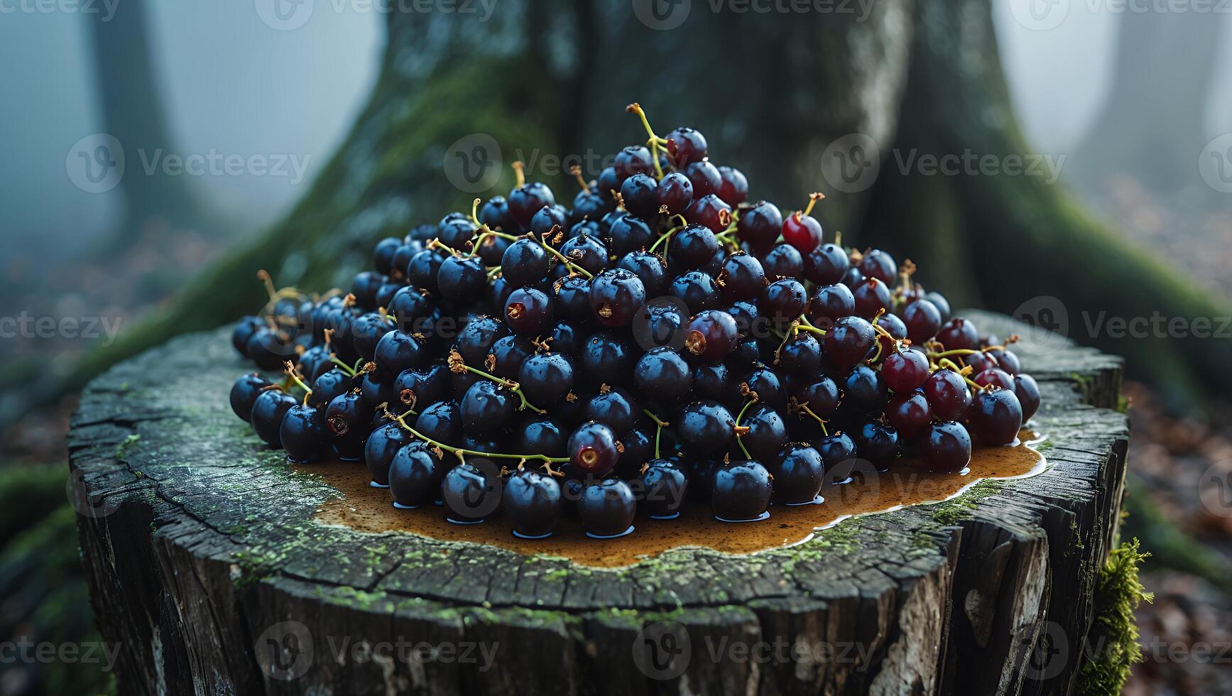 Pile of Fresh Black Currants on a Tree Stump in Forest photo