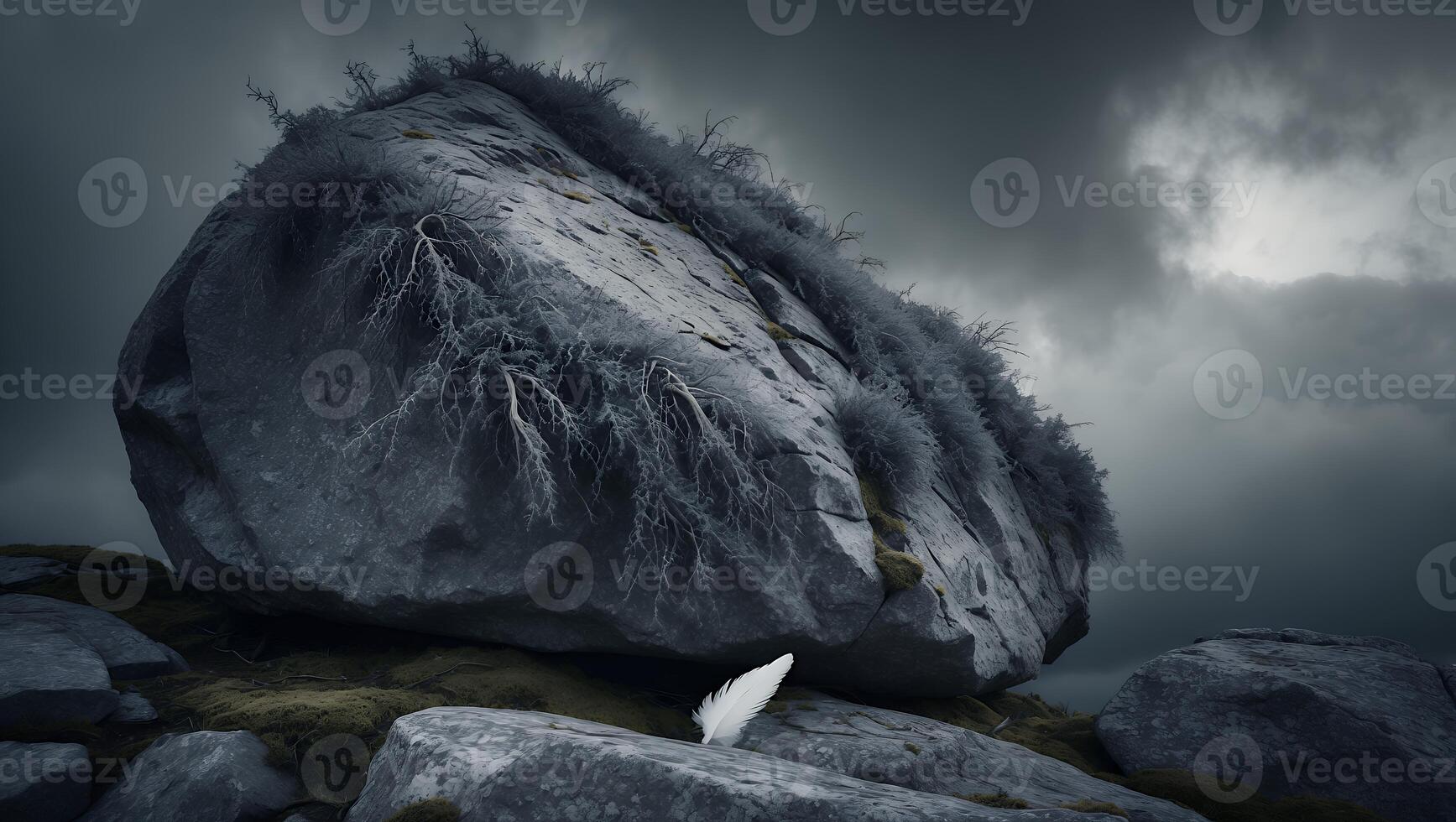 Lone White Feather Resting on Rocks with Overcast Sky Background photo