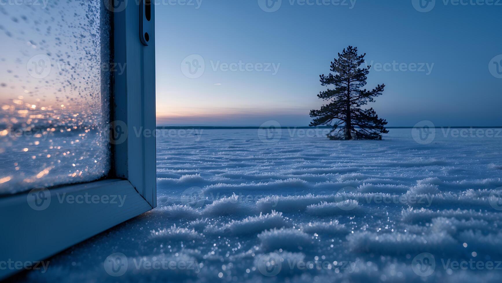 Open Window Views Winter Landscape with Tree and Snow Crystals photo