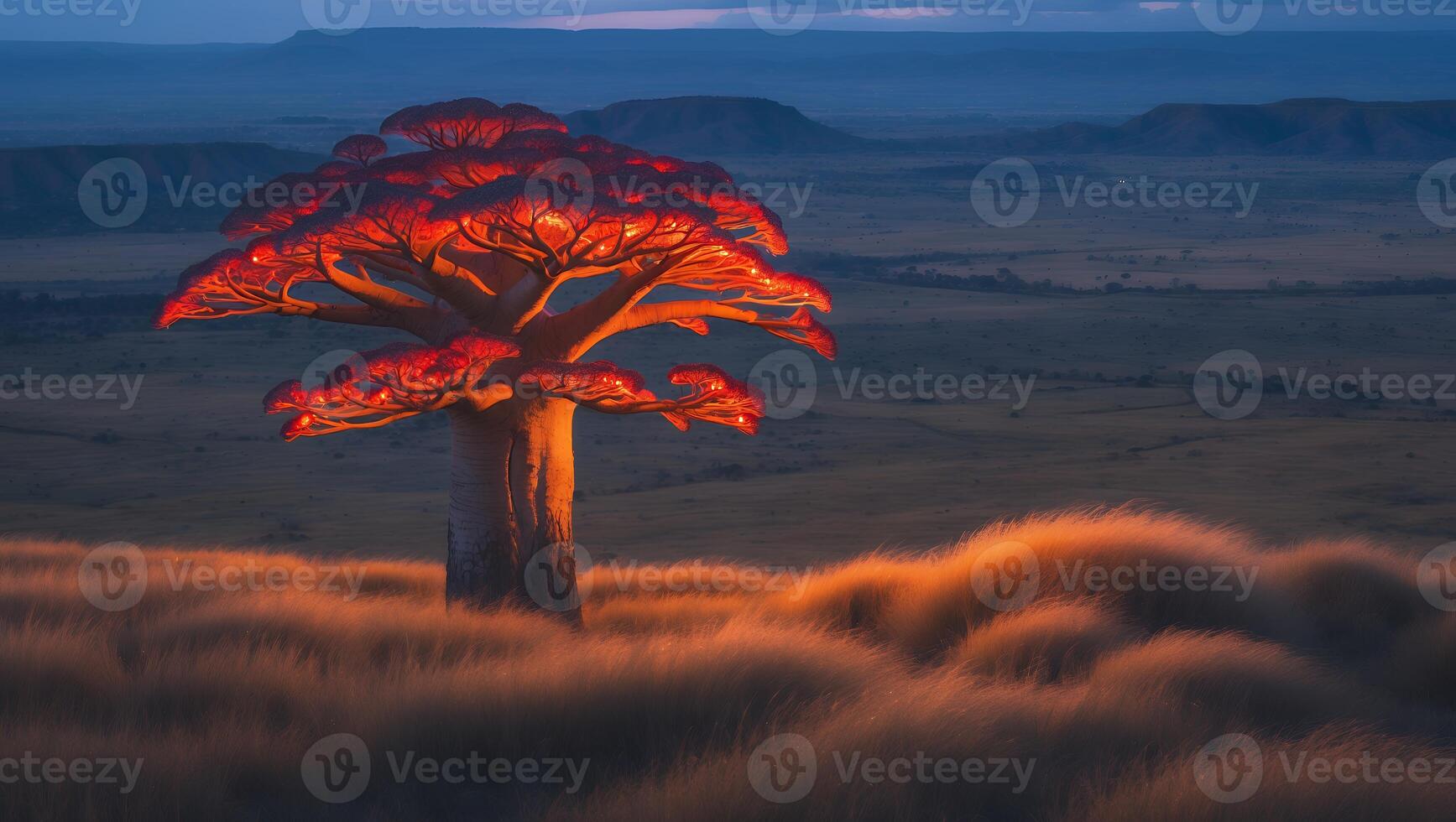 Glowing Tree Stands Tall in Golden Grassy Field at Dusk photo