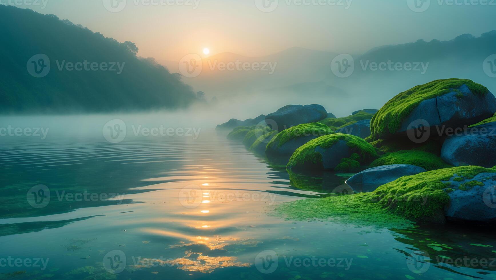 Calm Lake at Sunrise with Rocks Covered in Moss and Mist photo