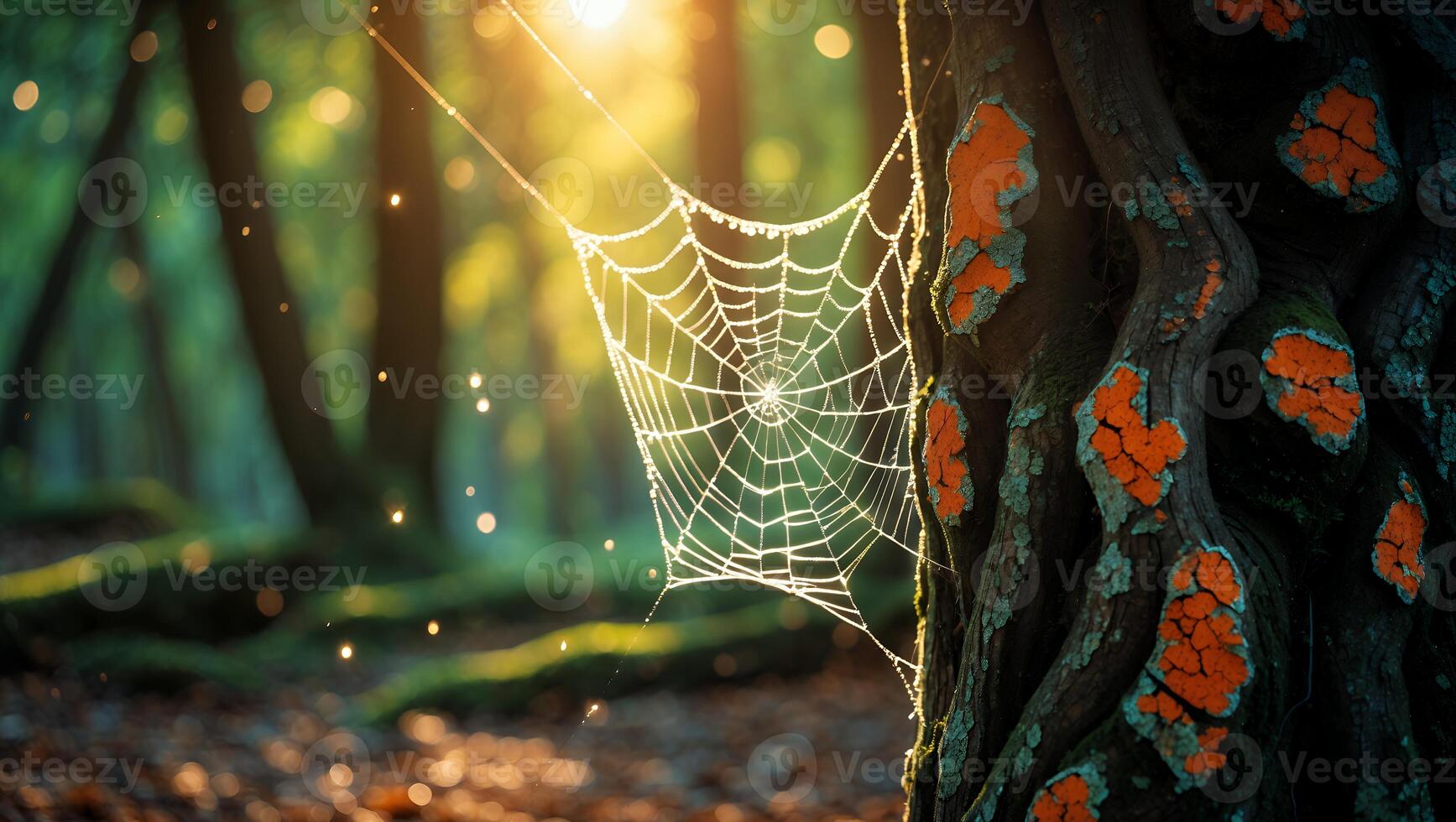 Spiderweb on Tree Trunk in Forest with Sunlight and Bokeh photo