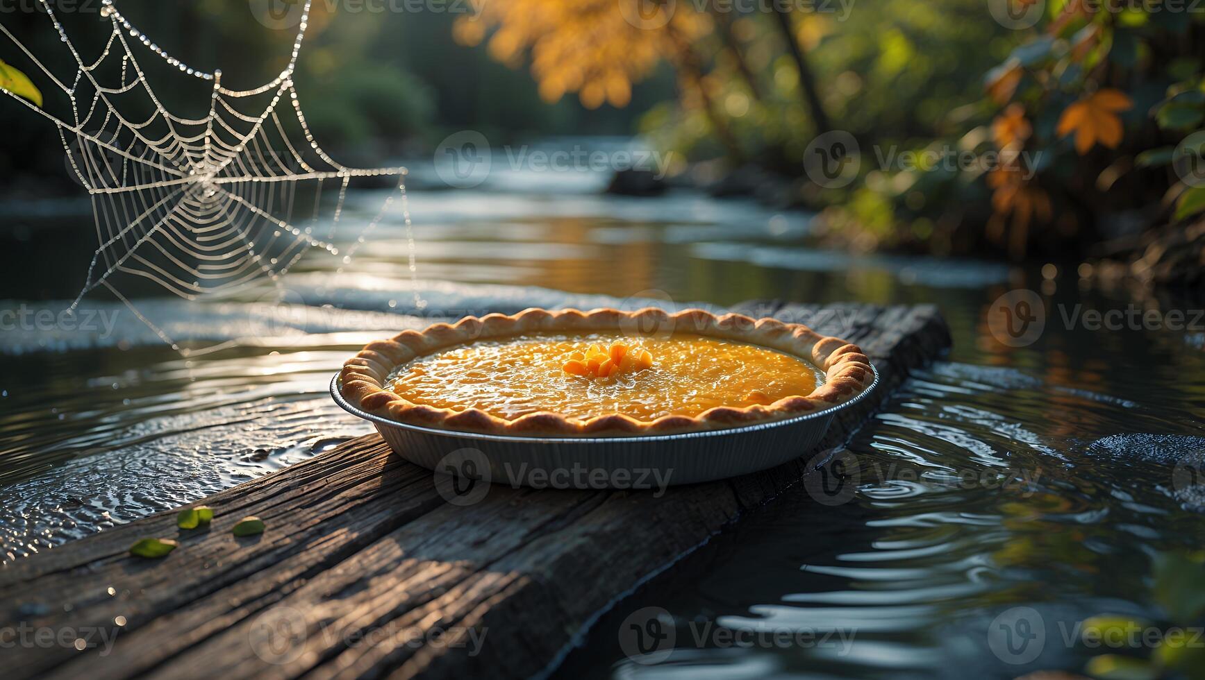 Pumpkin Pie on Wood Plank Over Stream with Cobweb Backdrop photo