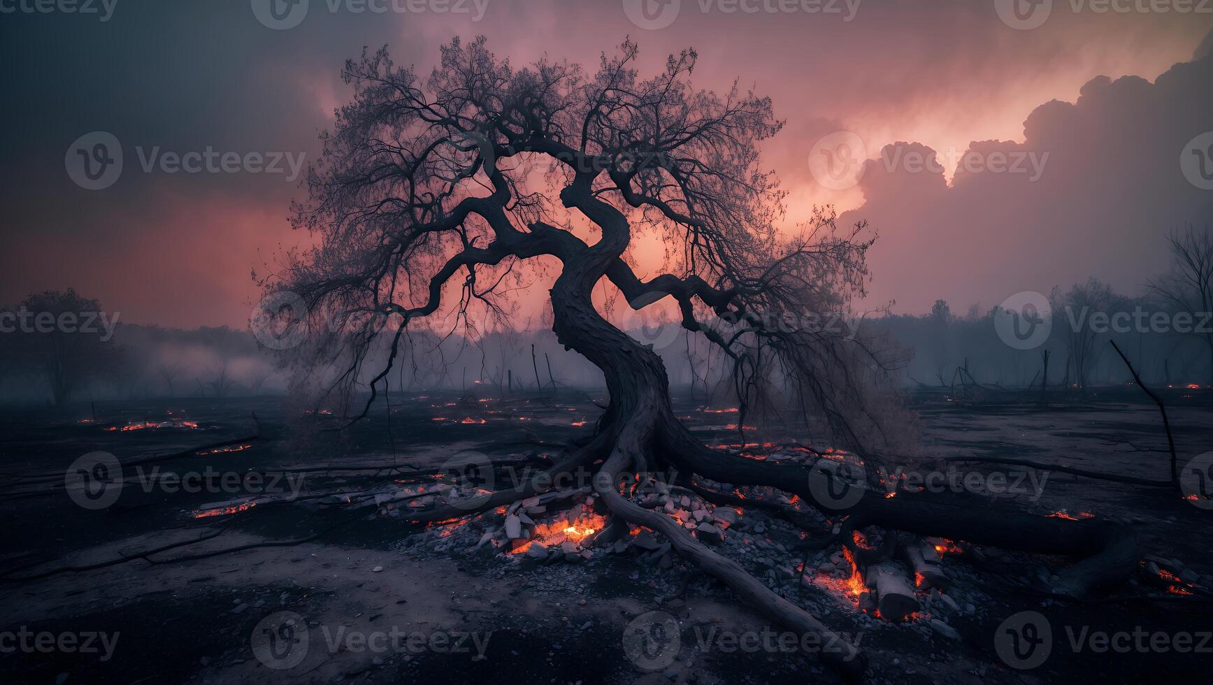 Lonely Tree Surviving Wildfire with Glowing Embers and Dramatic Sky photo