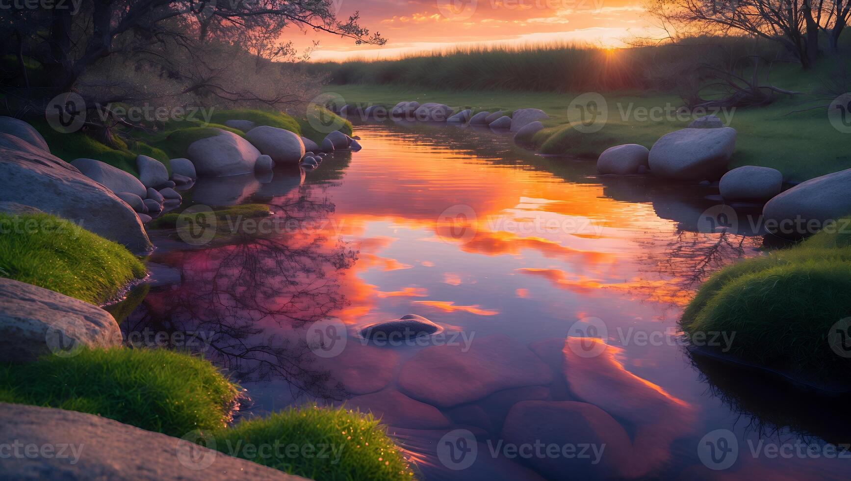 Calm Stream Reflecting Sunset Sky with Mossy Rocks and Grass photo