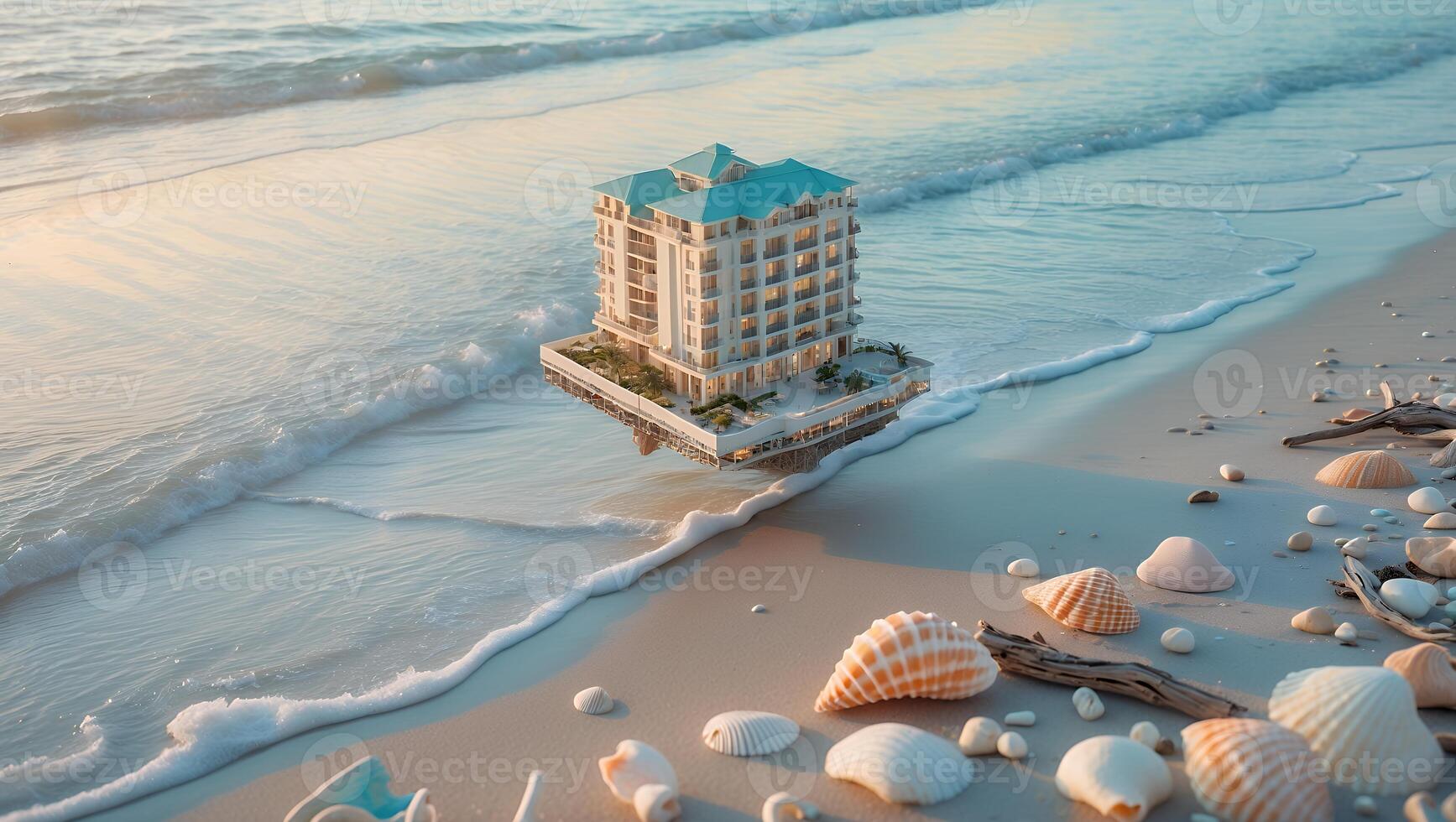 Building on Beach Next to Ocean with Seashells and Gentle Waves photo
