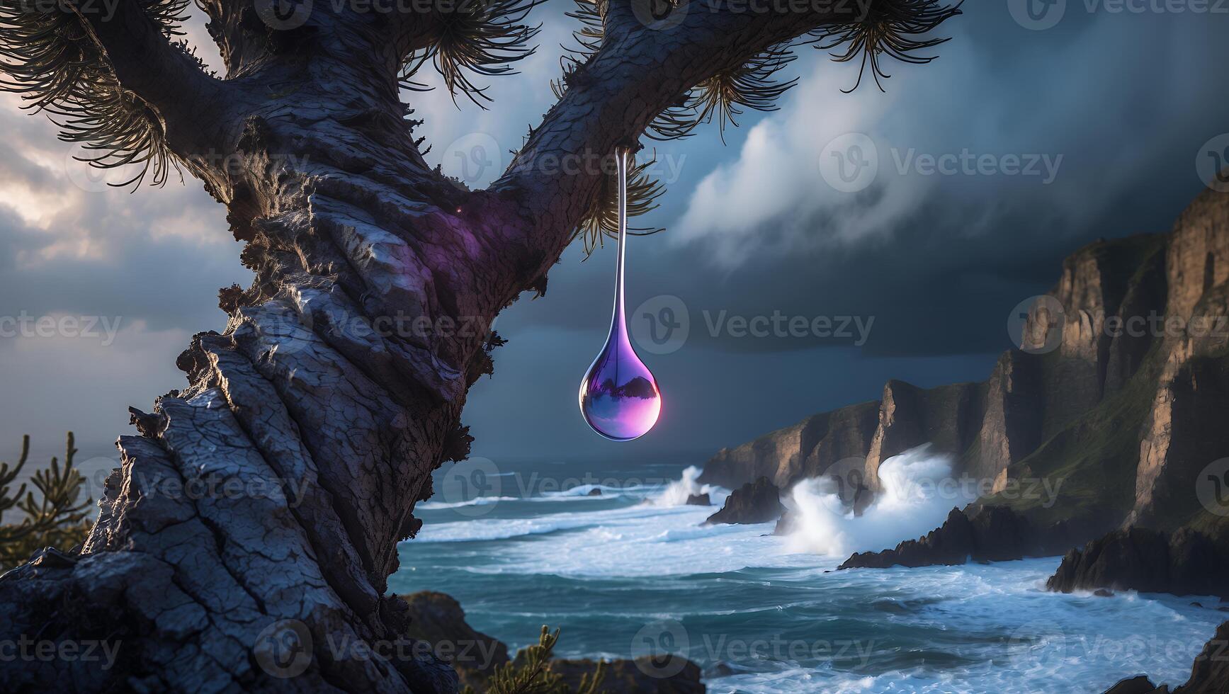 Water Drop Hanging From Branch Overlooking the Ocean Cliffside Landscape photo
