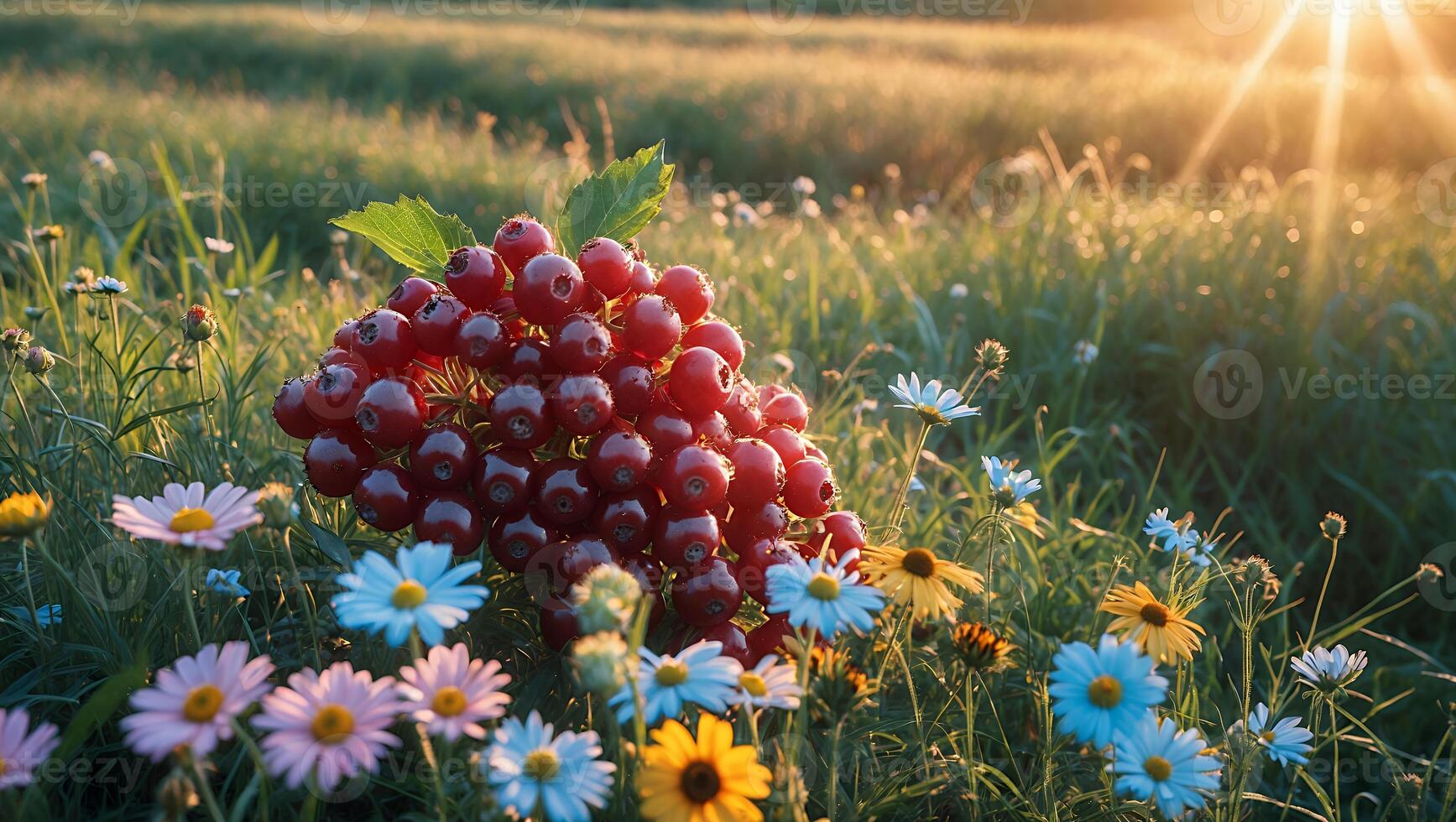 Ripe Redcurrant Bunch in Flower Meadow at Sunset with Sun Flare photo