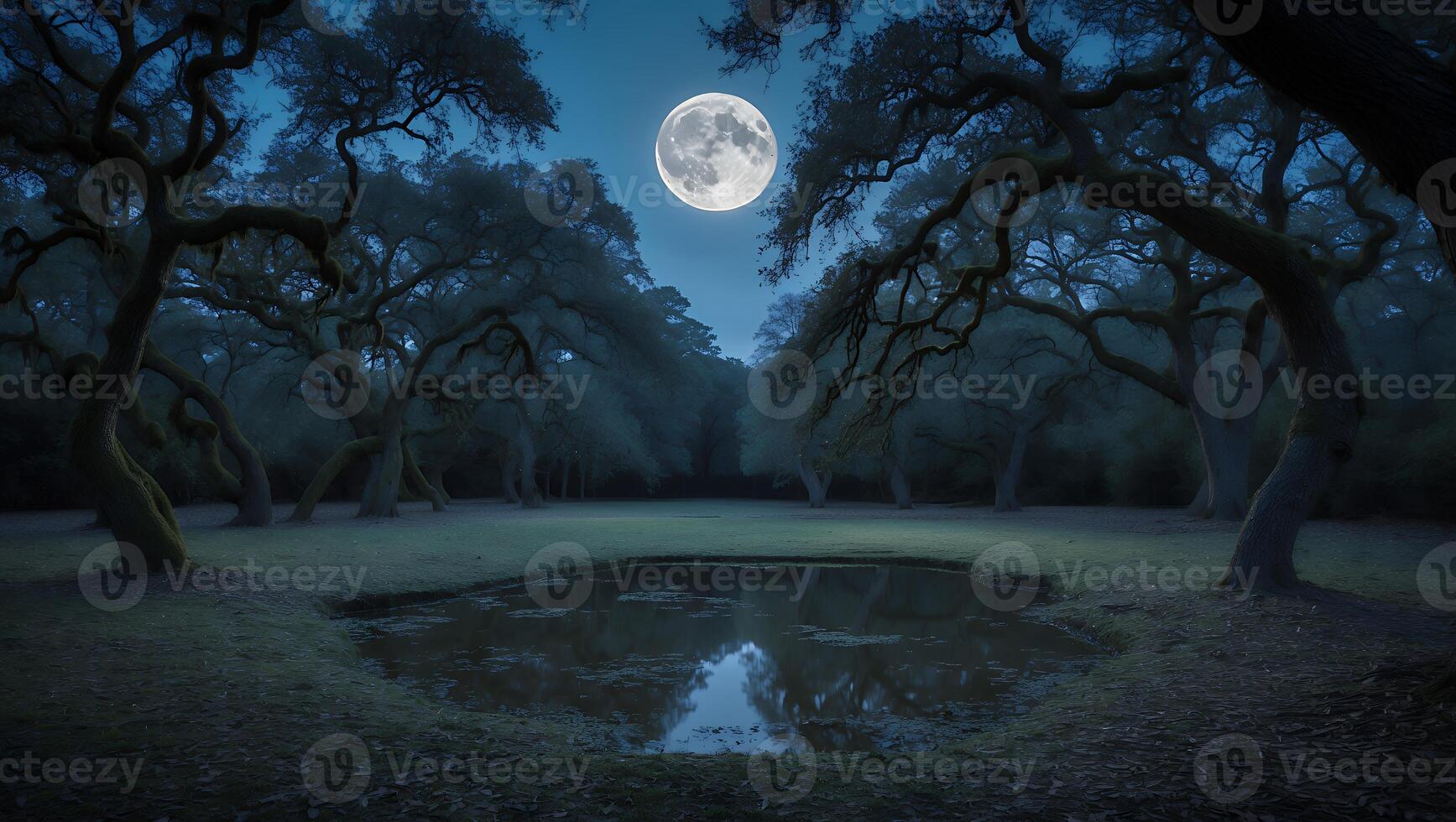 Reflections of Full Moon in Pond Surrounded by Mysterious Trees photo
