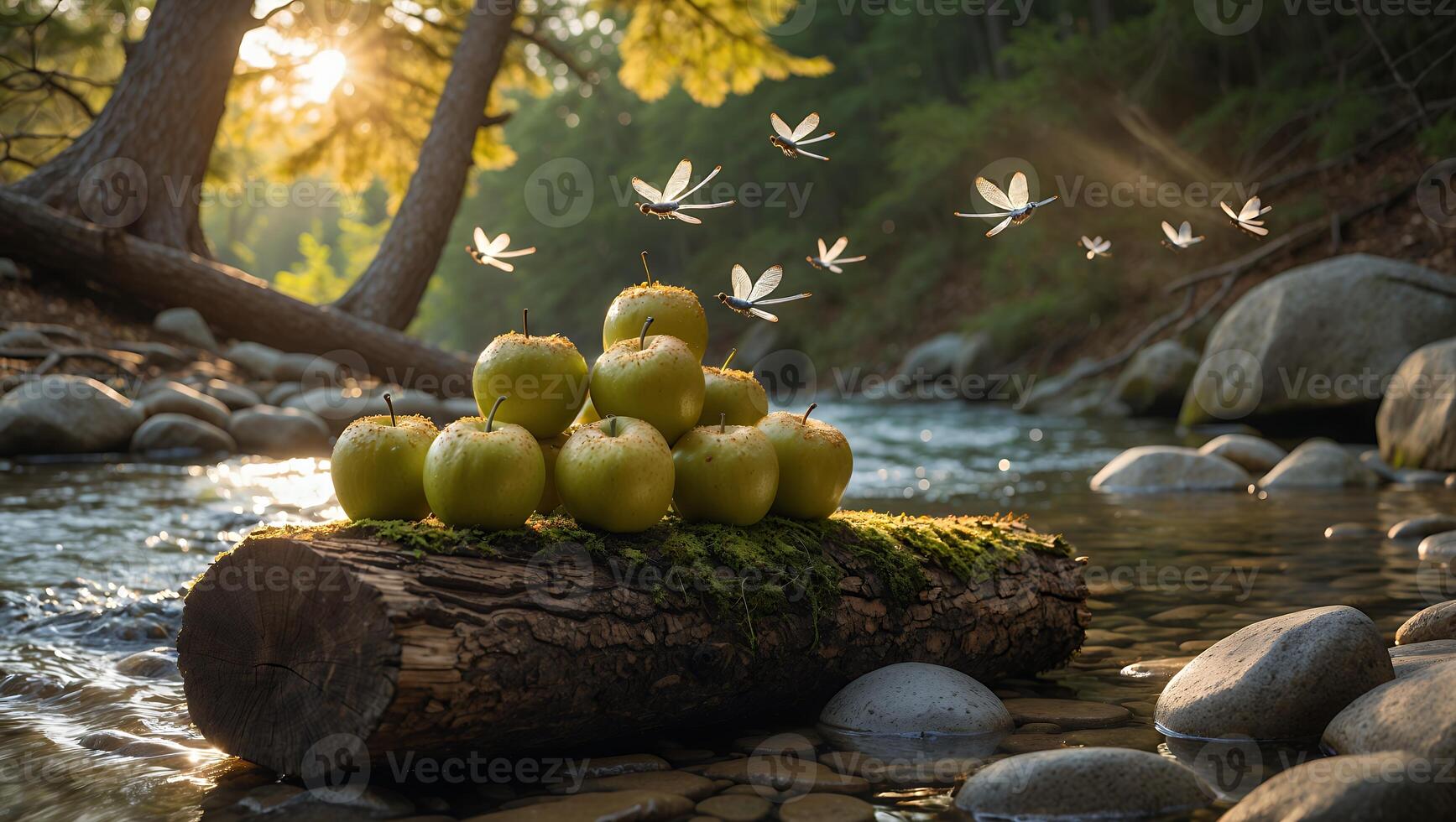 Green Apples Stacked on Mossy Log by River with Fireflies photo