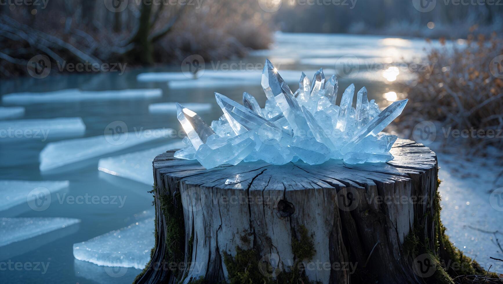 Blue Crystals on Tree Stump Near Frozen River with Ice Floes photo