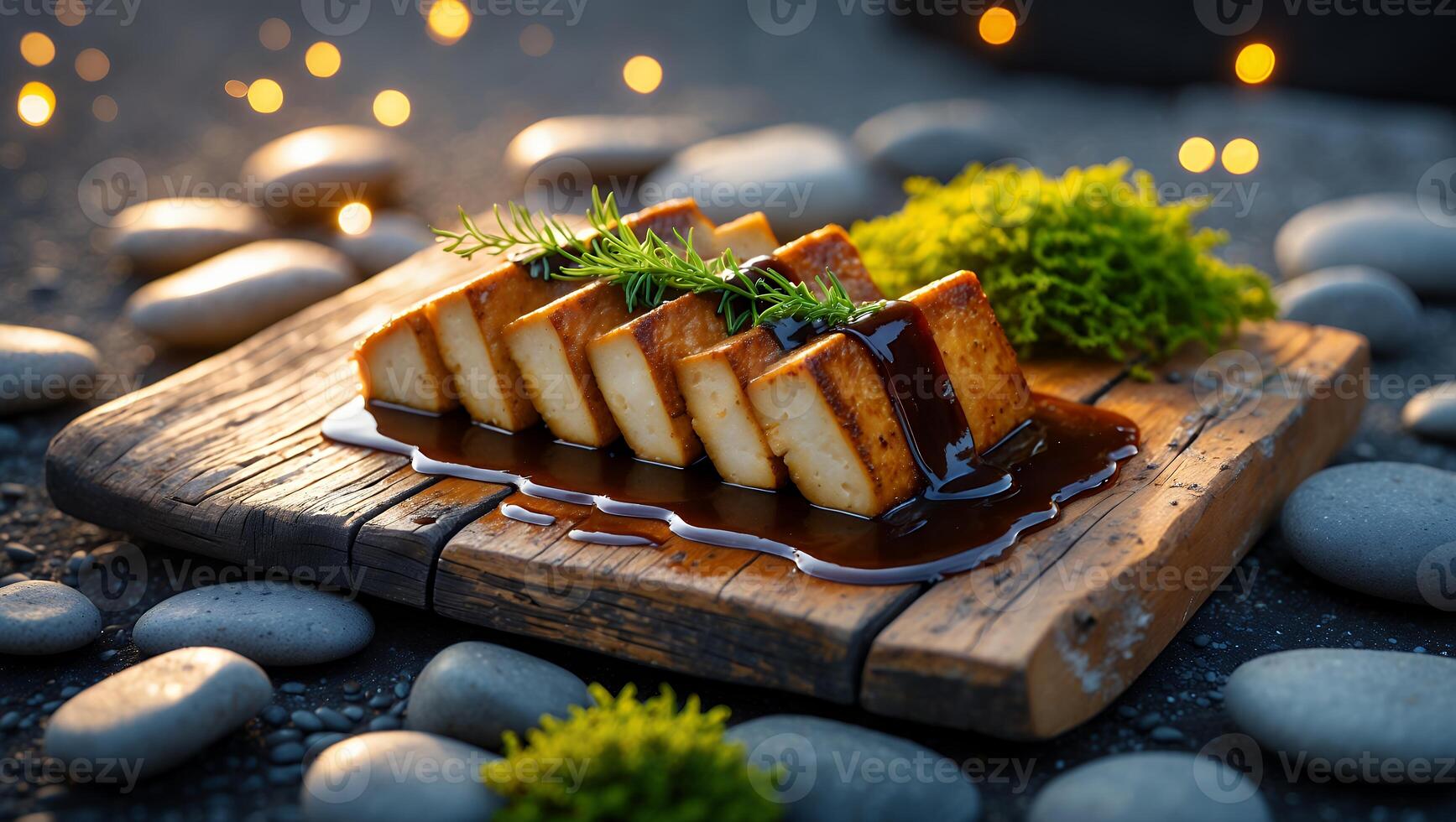 Grilled Tofu with Sauce on Wood Board Surrounded by Stones photo