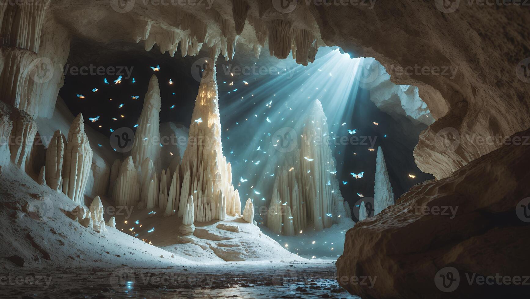 Exploring a Mysterious Cave with Stalactites and Butterflies Under Beams photo
