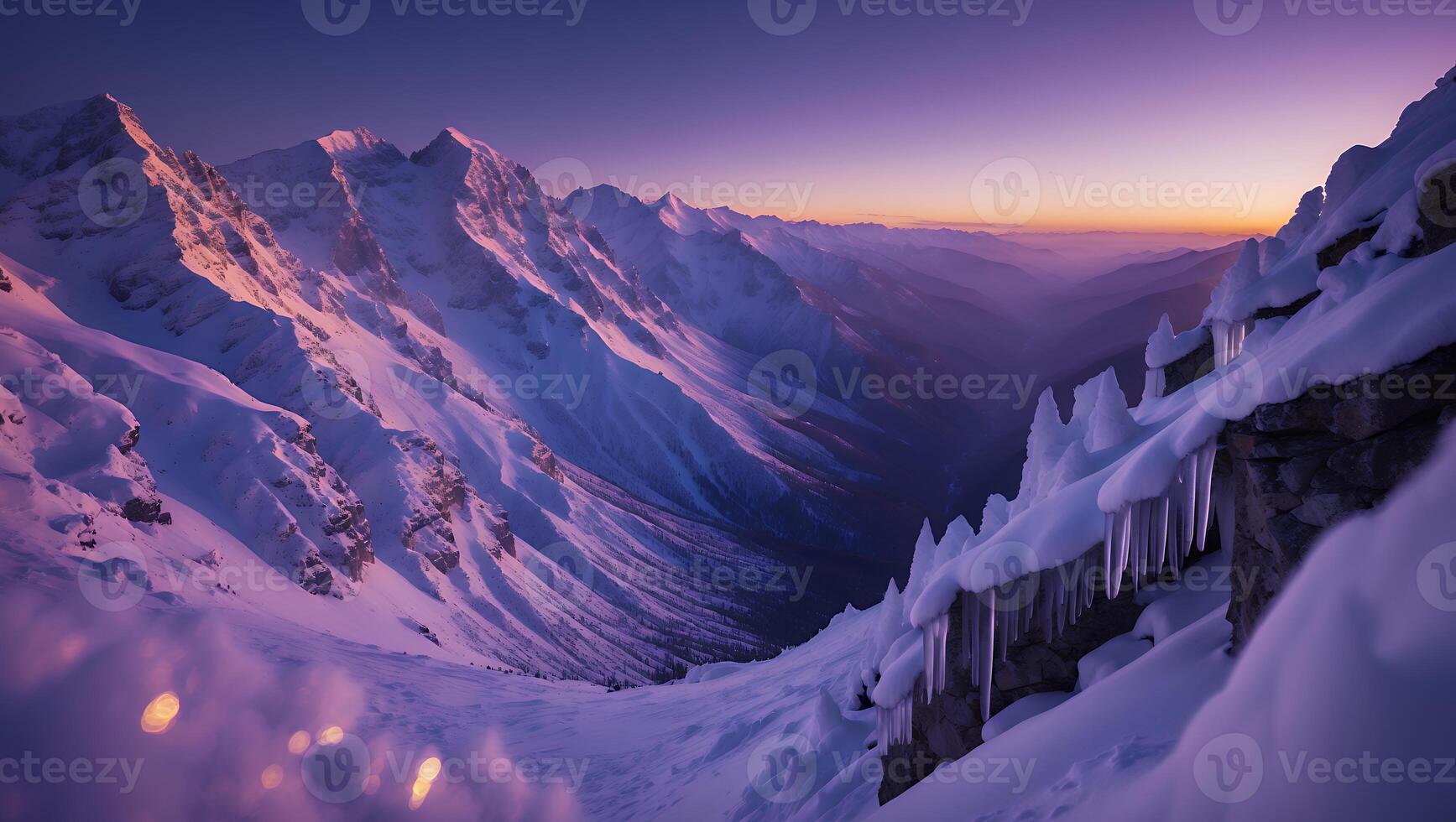 Snowy Mountain Range at Dusk with Icicles and Colorful Sky photo