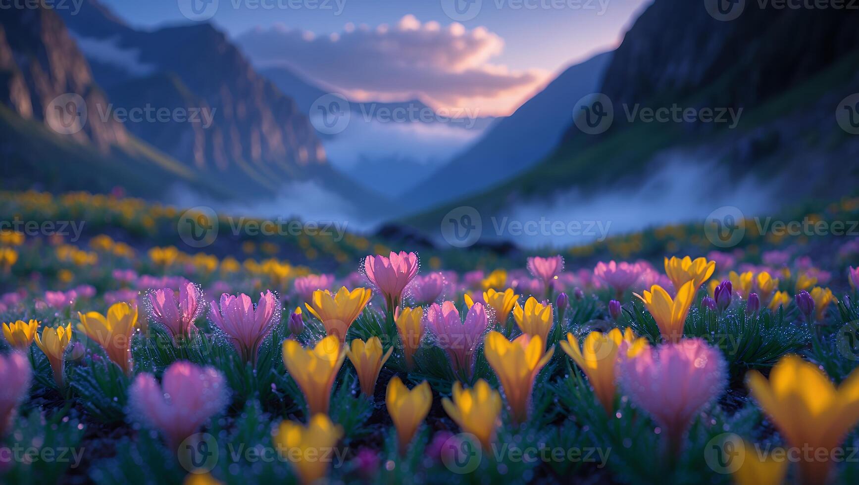 Blooming Flower Meadow in Mountain Valley with Misty Atmosphere at Dusk photo