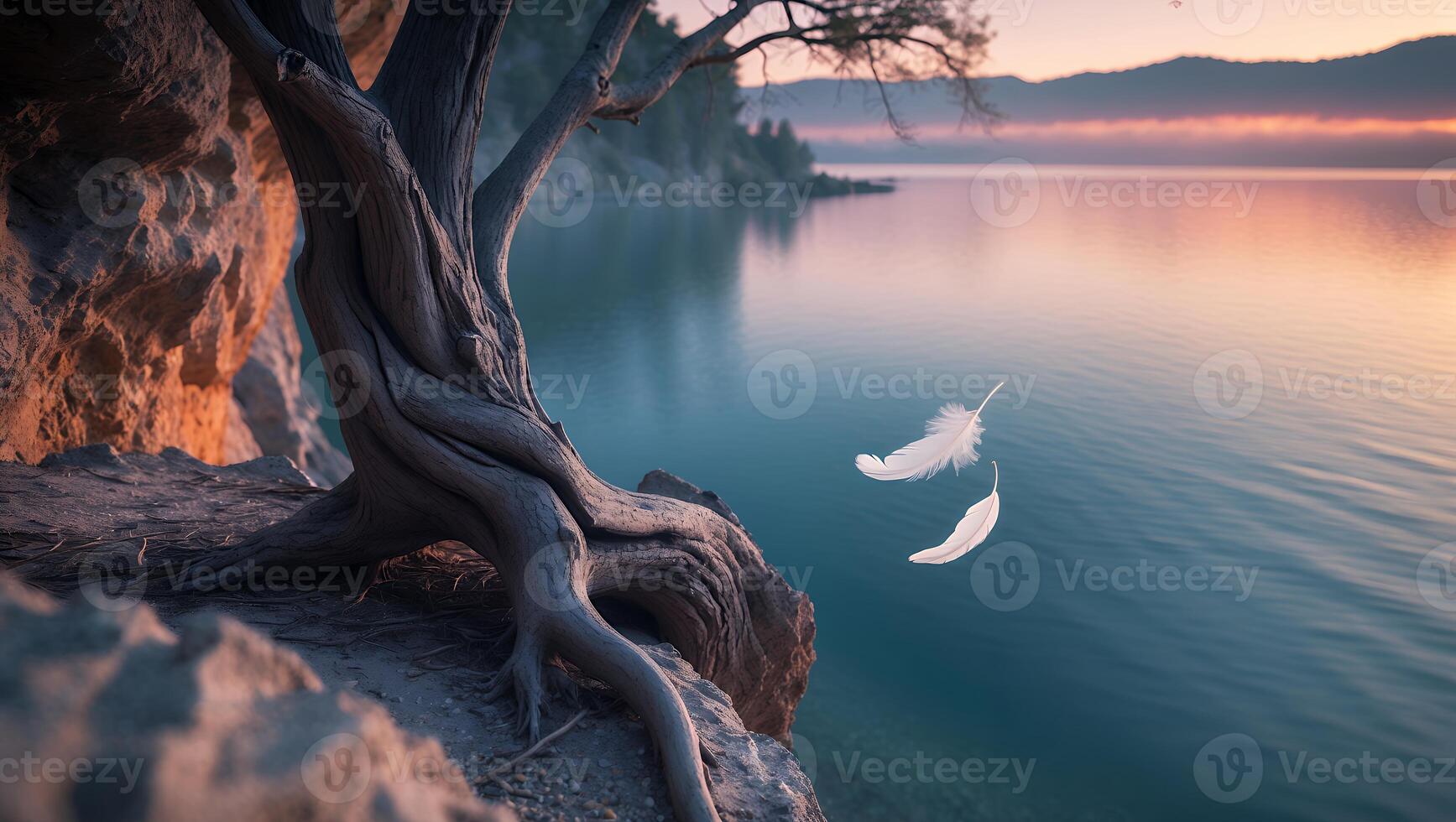 Cliffside Tree Overlooking Still Lake Waters with Floating White Feathers photo