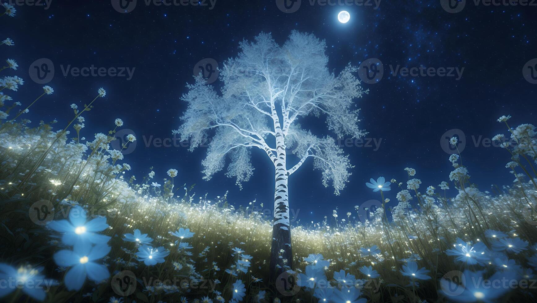 Lone Birch Tree Standing in Field of Flowers Under Moonlight photo