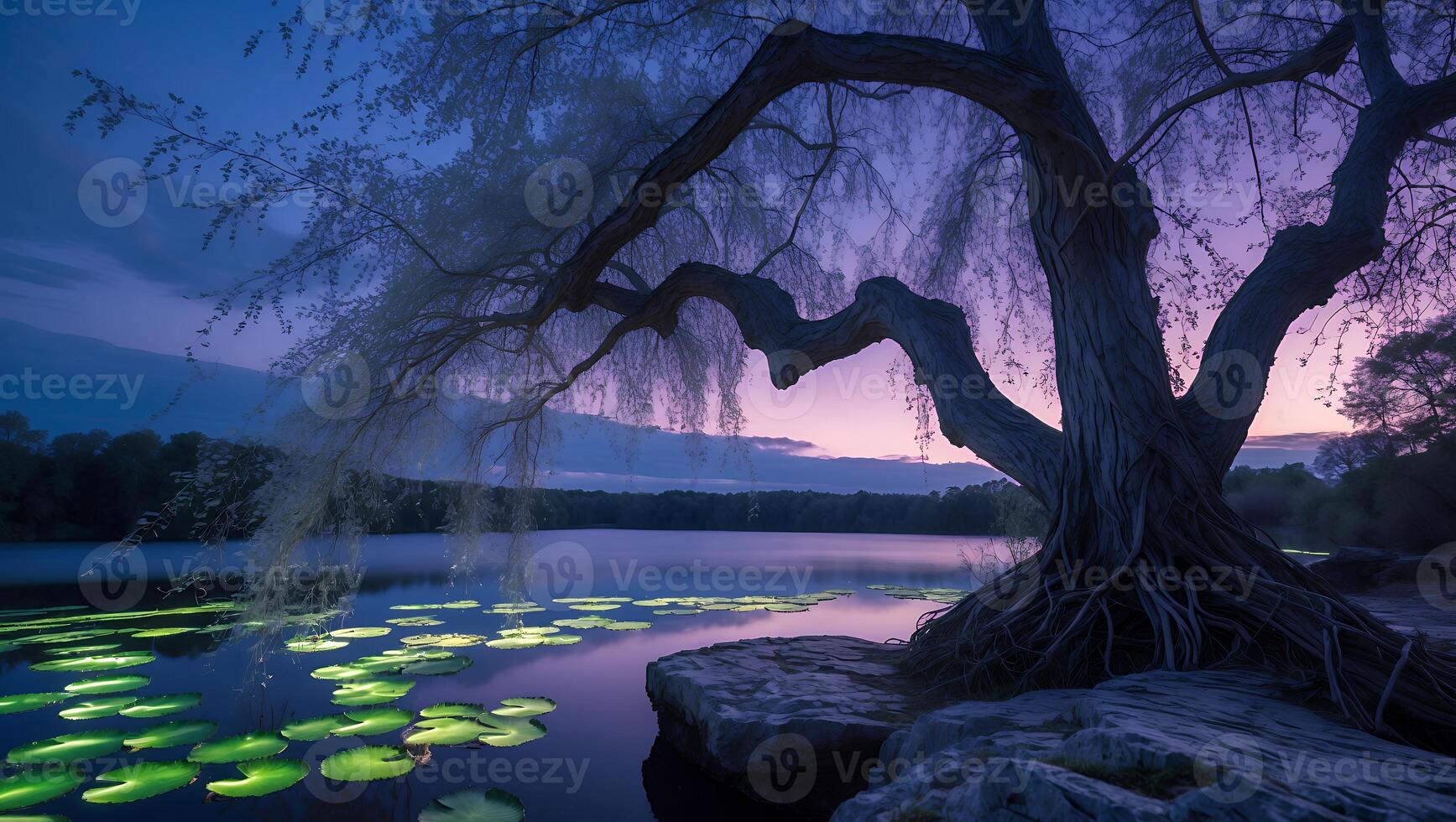 Willow Tree Overlooking Still Lake Water at Dusk with Lily Pads photo