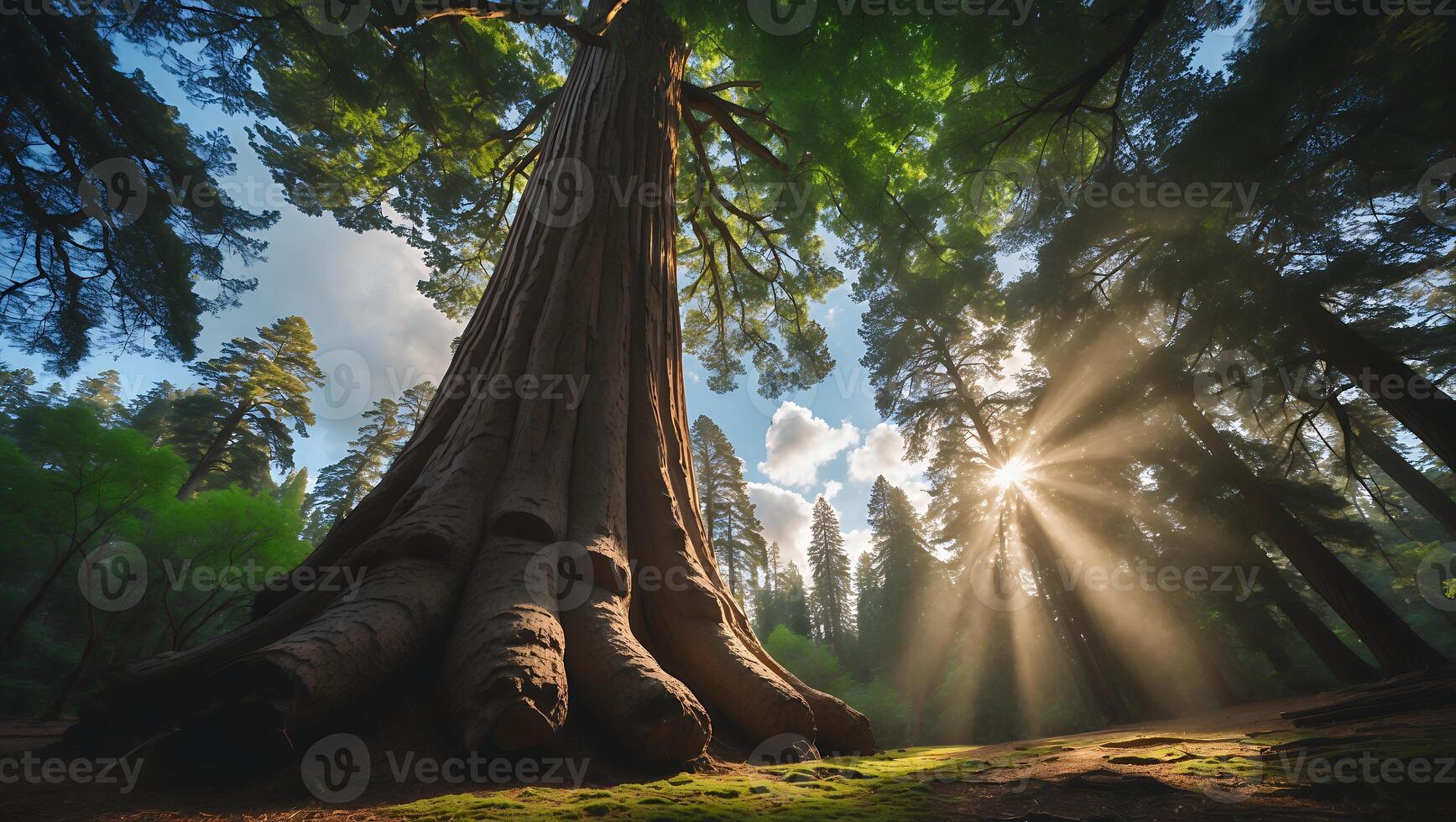 Looking Up at Giant Sequoia Tree with Sun Rays in Forest photo