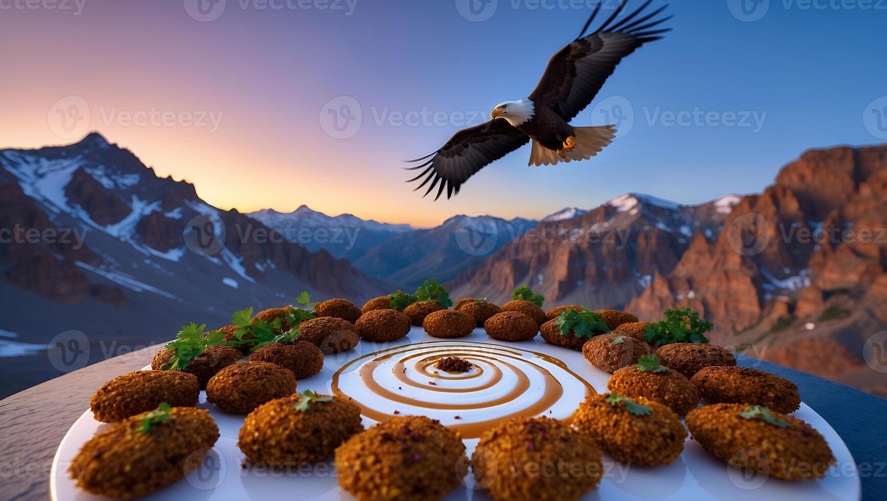 Falafel Dish with Mountain Backdrop and Eagle Flying Above photo