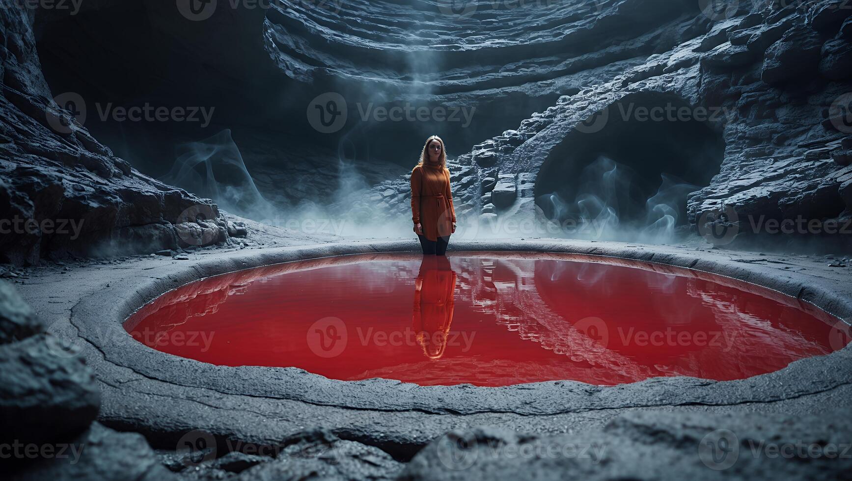 Woman Standing in Red Liquid Pool Inside a Dark Mysterious Cave photo