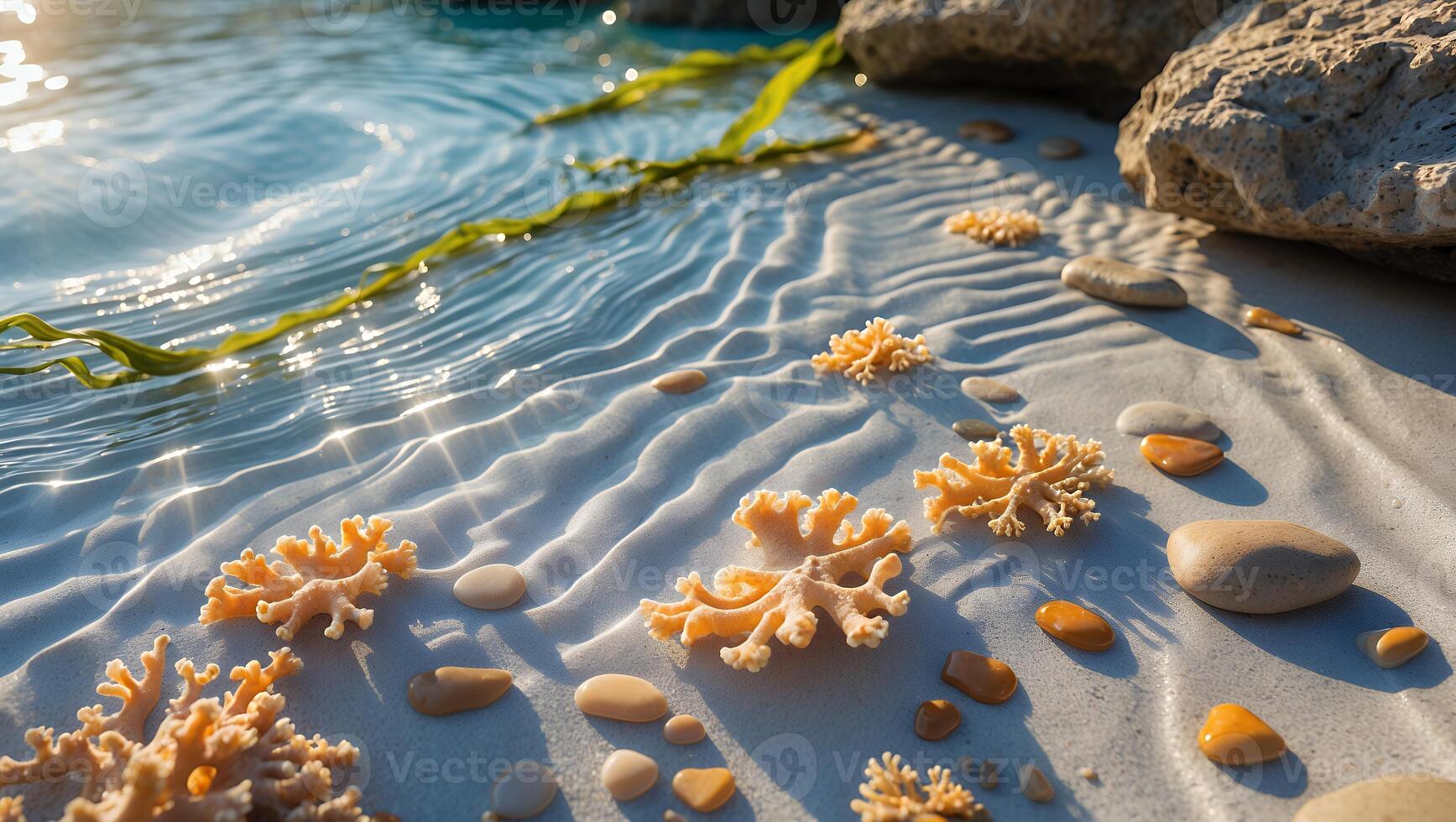 Coral and Pebbles on the Beach with Gentle Waves and Sunlight photo
