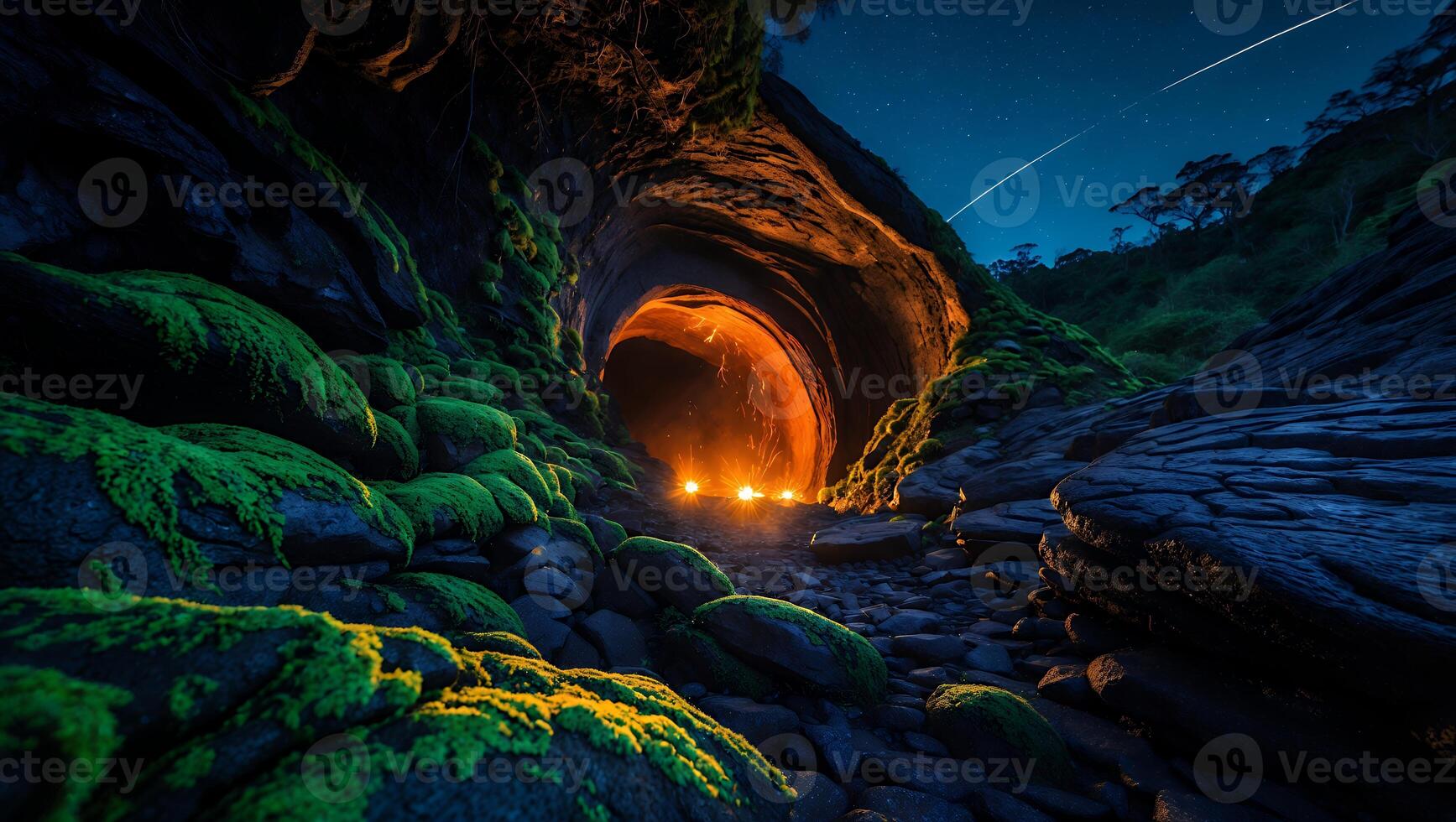 Entering a Glowing Cave in Nature with Moss and Stars photo