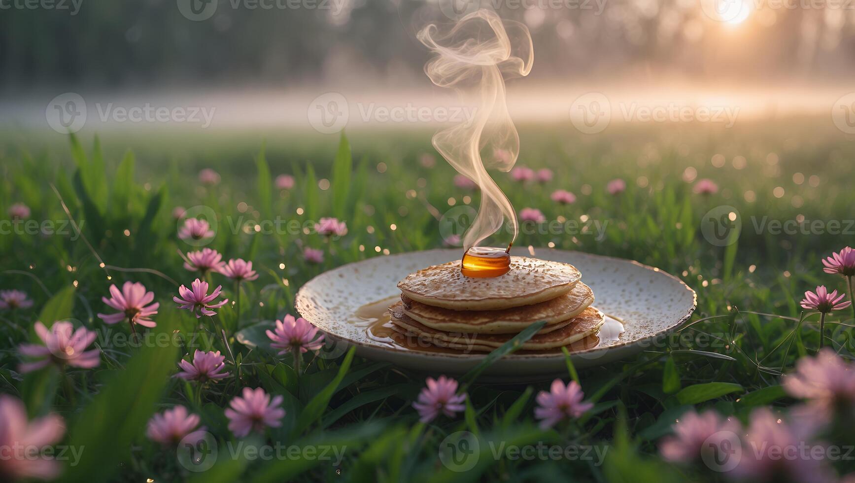 Stack of Pancakes with Maple Syrup Steaming in a Flower Field photo