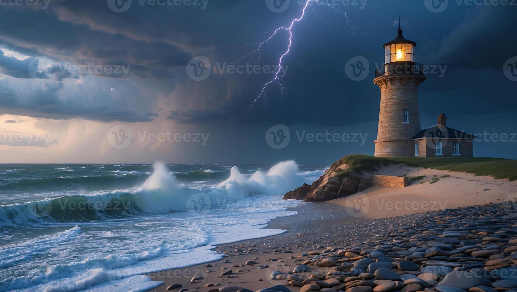 Lighthouse Stands Tall As Storm Rolls in with Lightning Strike photo