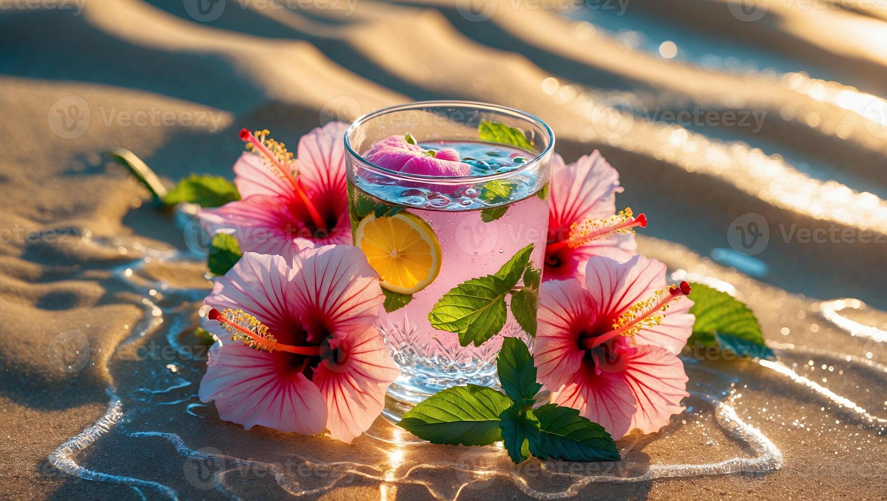 Refreshing Summer Drink with Hibiscus Flowers on Sandy Beach photo