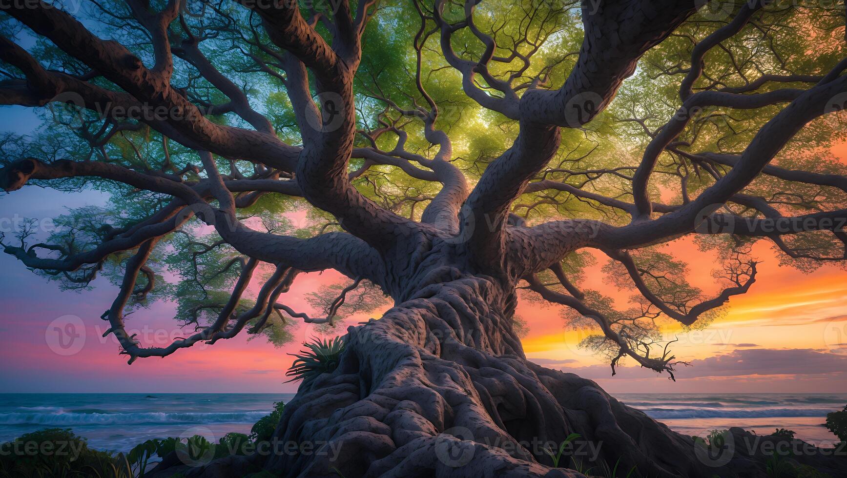Majestic Old Tree Overlooking Beach at Sunset with Colorful Sky photo