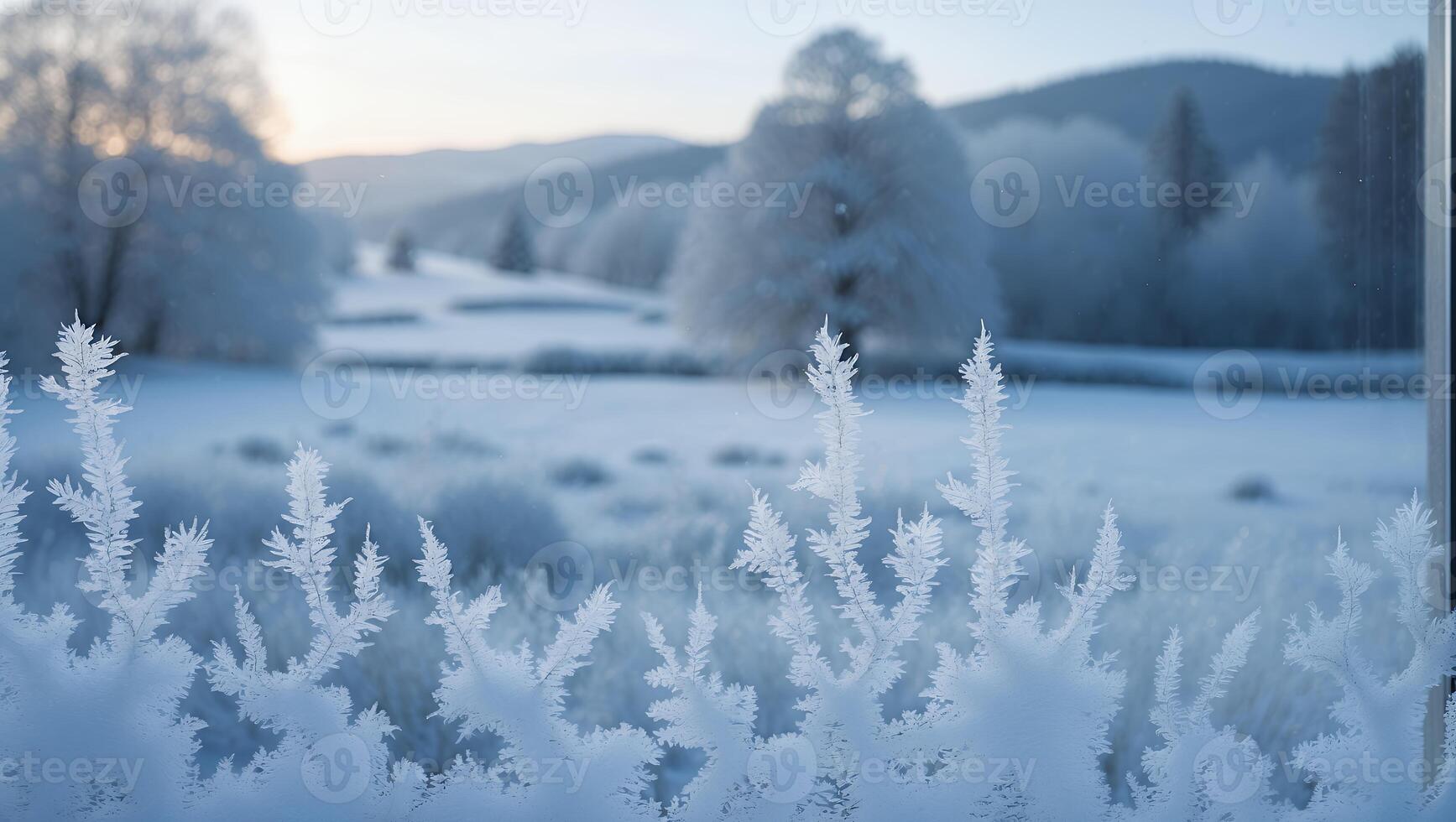 Frosty Window View of Snowy Landscape with Trees and Hills photo