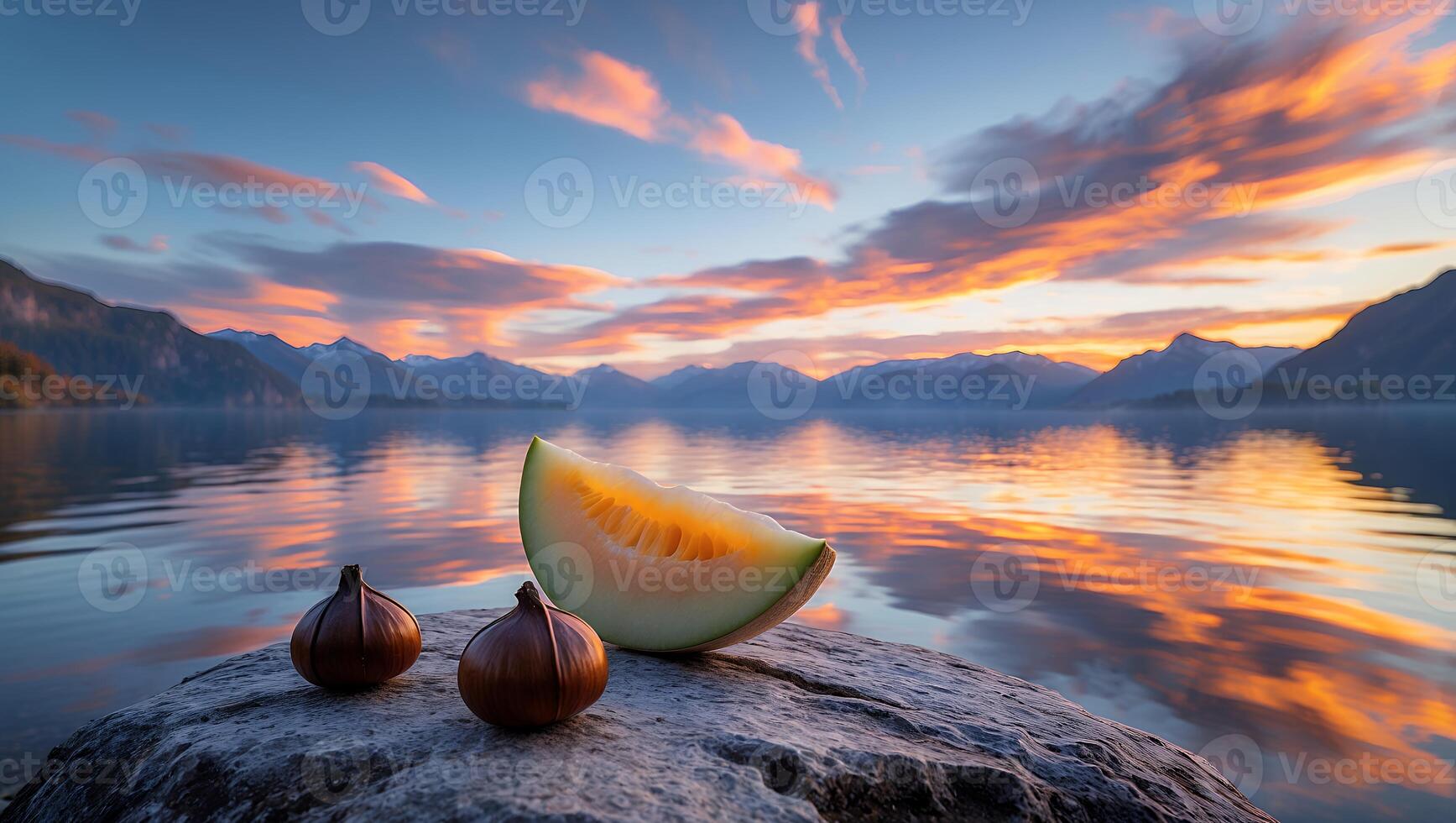 Melon Slice and Onions by Lake at Sunset Reflecting Colorful Sky photo